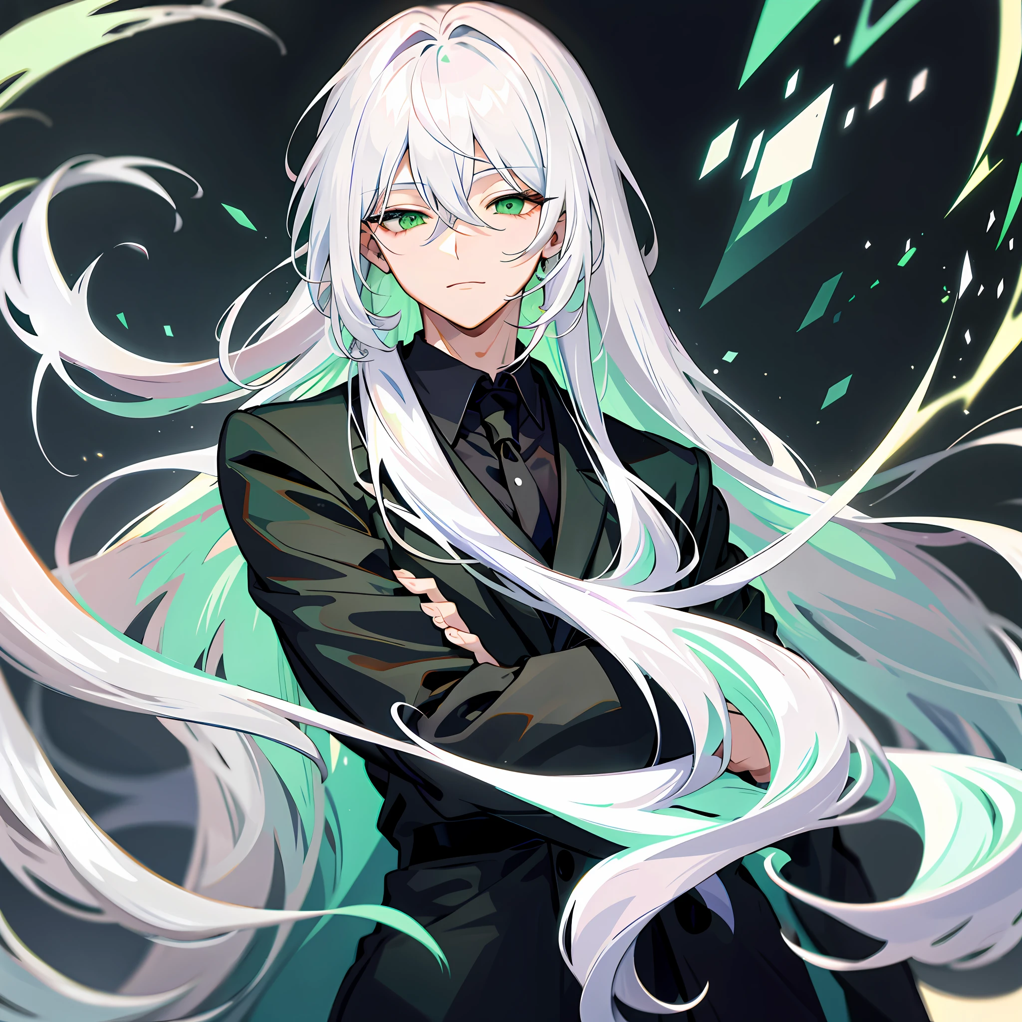 Only 1 an grandpa, grandpa with white hair with long hair close one eyes style, green eyes, wear black suit