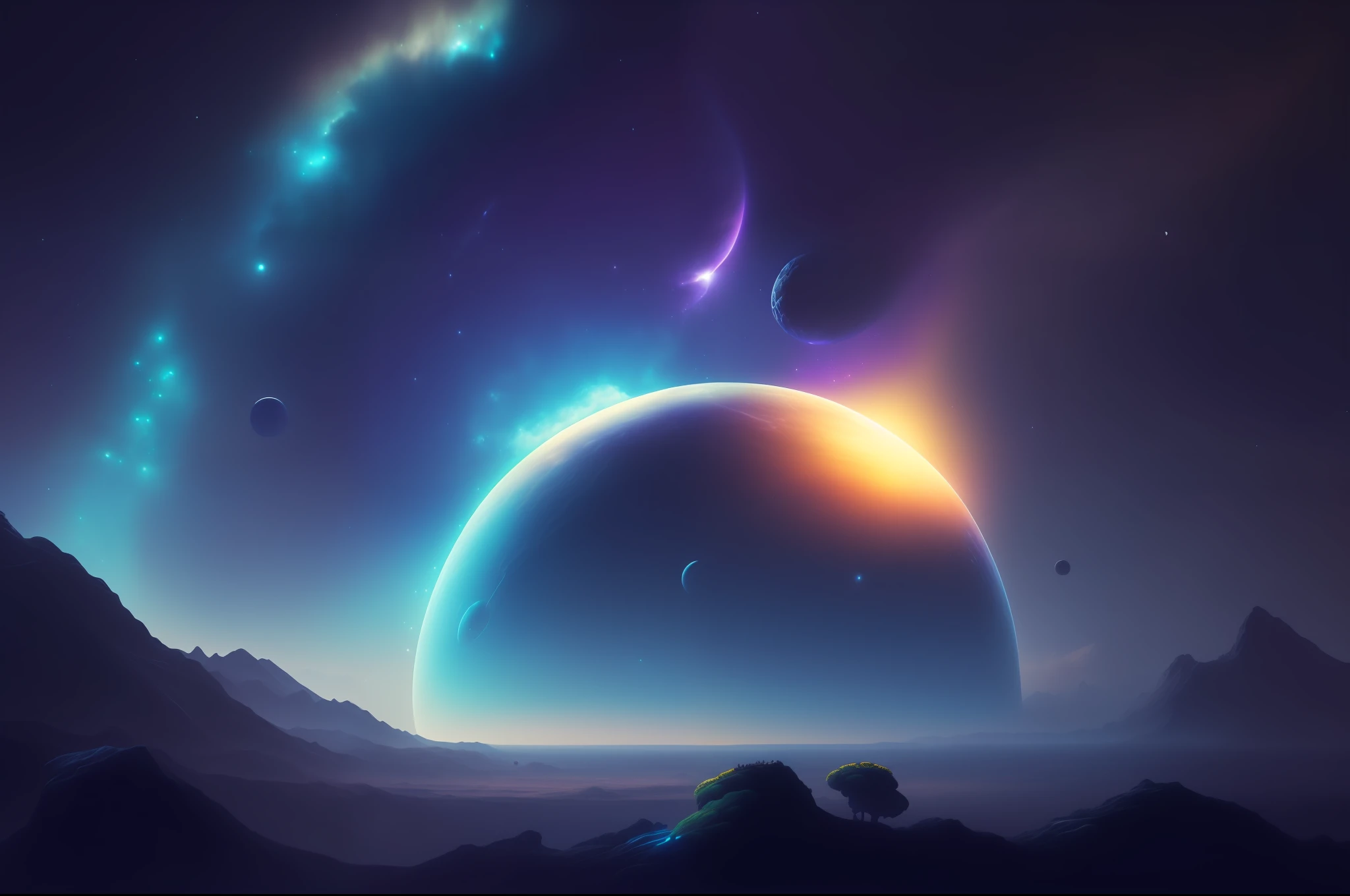 a view of a planet with a bright moon in the background, fantasy planet, planet landscape, fantasy space, sci-fi digital art, space landscape, another planet, cosmic landscape, beautiful art uhd 4 k, background artwork, 8k stunning artwork, amazing space creature 4 k, 8k hd wallpaper digital art, 4k highly detailed digital art, surreal space