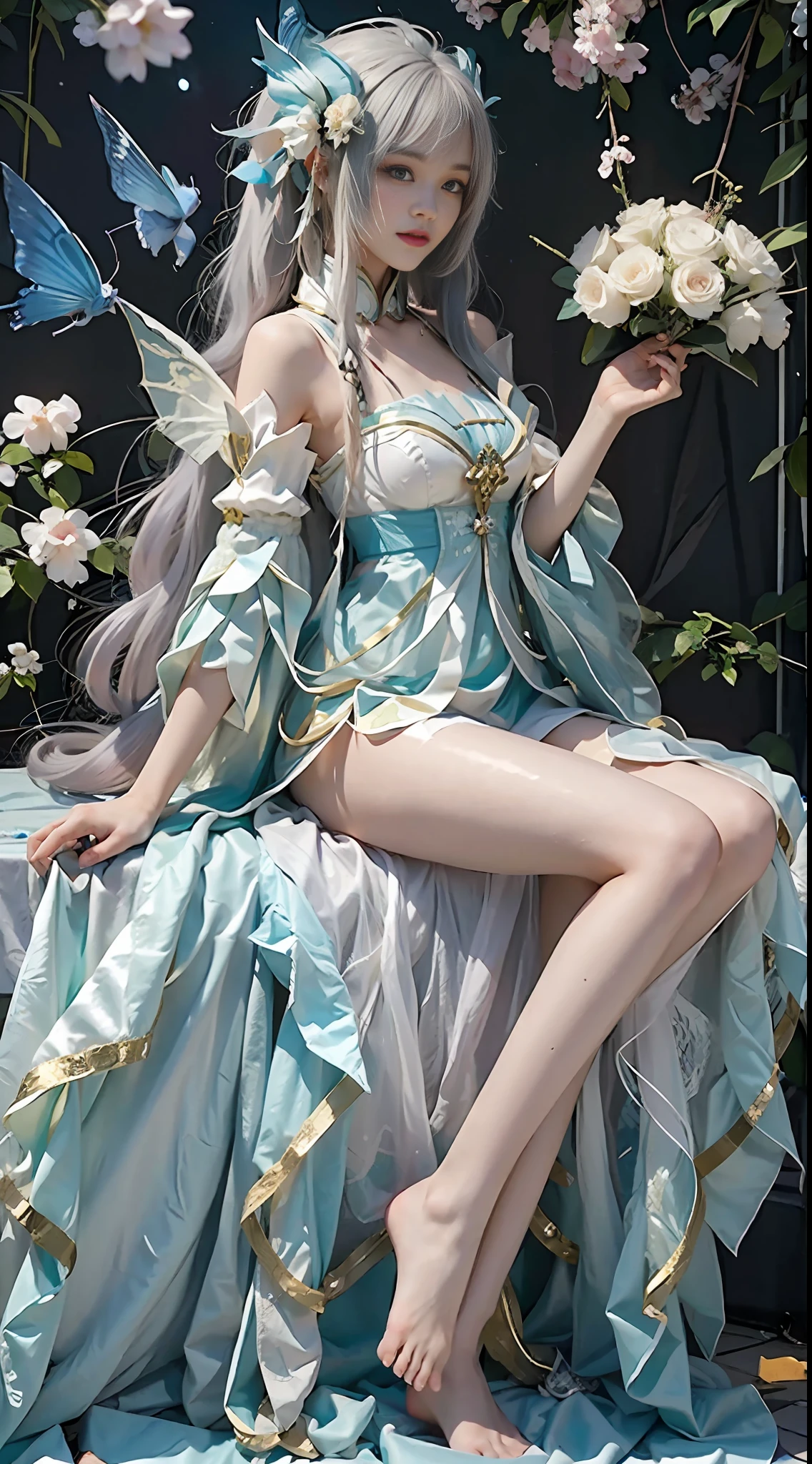 Close-up of a woman in costume on stage, full body fairy, beautiful celestial mage, amazing young ethereal character, wearing swimsuit, Shaxi, elegant and charming cosplay, Hirase Jinyao, , charming, very coquettish, sports car, masterpiece, 8k, best quality, rainbow, butterfly in front (full body 2.0), seaside, sky is blue, hand holding flowers