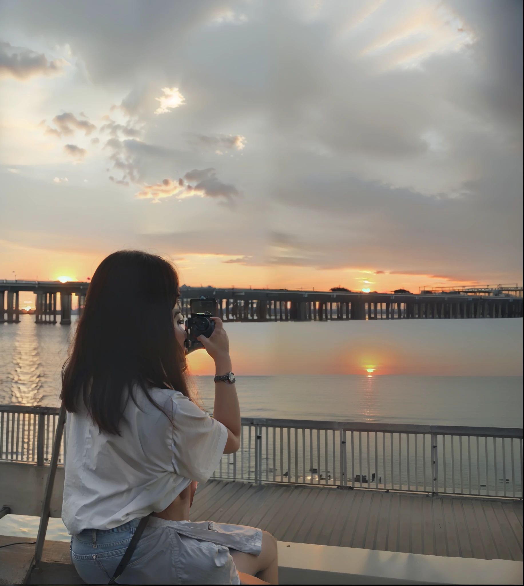 (((fine picture quality)))), (((sunset))), 1 female, apple 13, focus on shooting women, pay attention to light and shadow, water bridge, watch the sunset.