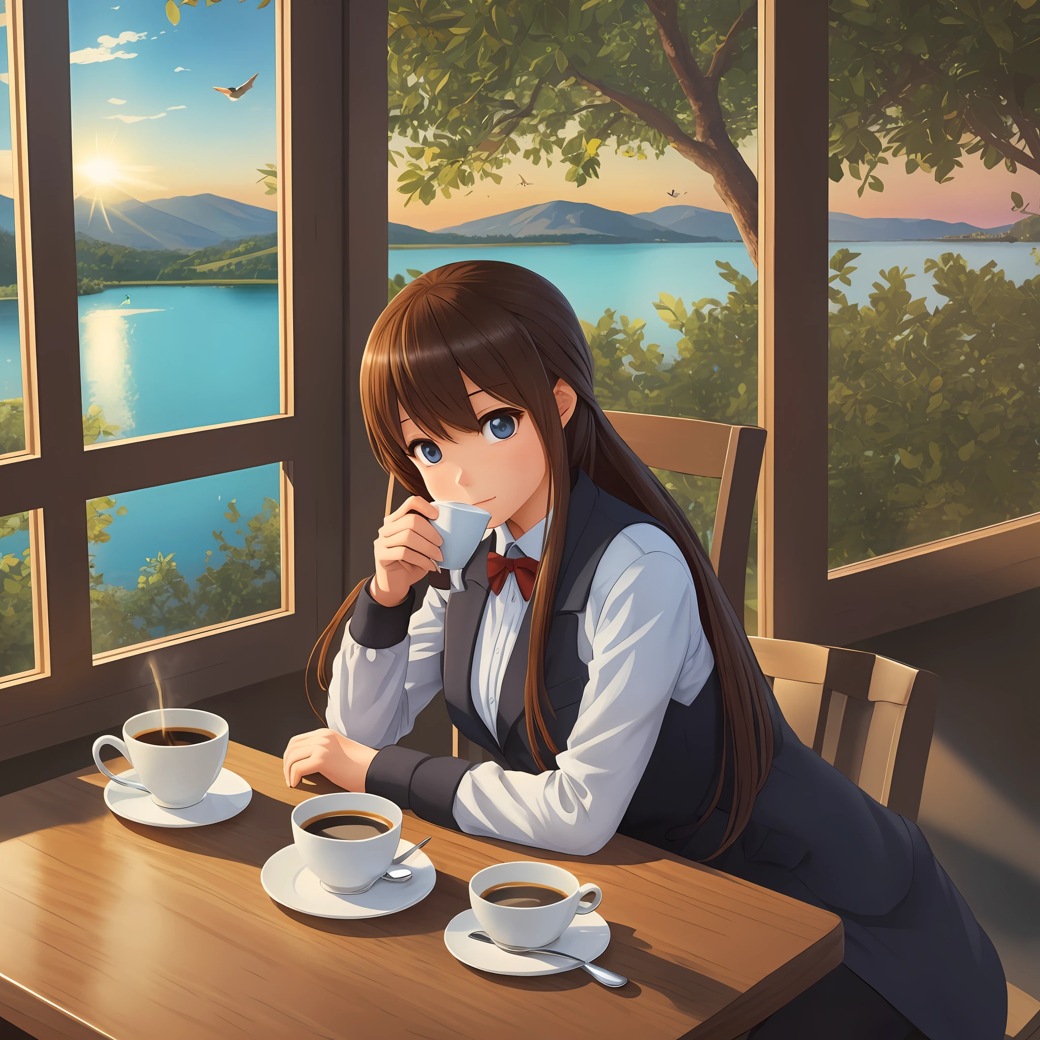 a cute little spy sipping coffee, while sitting in chair, Good morning, coffee, sunrise, warm climates, morning brezze, little birds on the tree, awesome lake view from the window. Ultra realistic, high quality, anime style