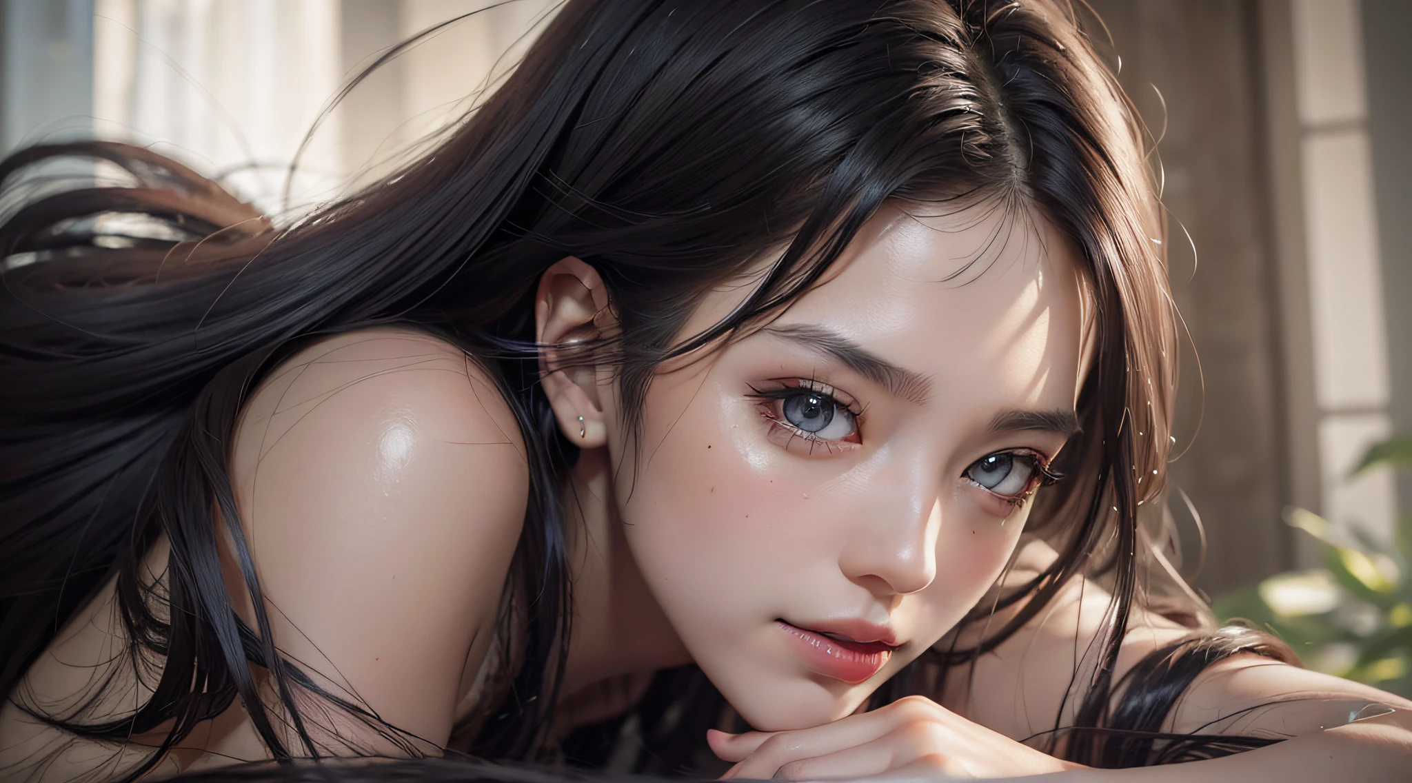From below, a bewitching and mysterious Japan woman, exquisite and artistic face, affectionate tenderness, piercing gaze, bewitchingly beautiful light smile, very fine white skin, very fine dark red eyes, red lipstick, shiny waist-length long thin white hair, no eyebrows, bare shoulders, no wear, no accessories, masterpiece, exquisite and artistic face, very detailed and expressive eyes, shiny black hair, highly detailed face and skin texture , Highly detailed skin with pores, detailed hand description, detailed leg description, 8K, 16K, top quality, professional lighting, extreme light and shadow, photon mapping, radiosity, cinematic lighting, dramatic lighting, photorealistic, exquisite CG, physical rendering, ultra-realistic realistic textures, Unreal Engine 5, dynamic angles,