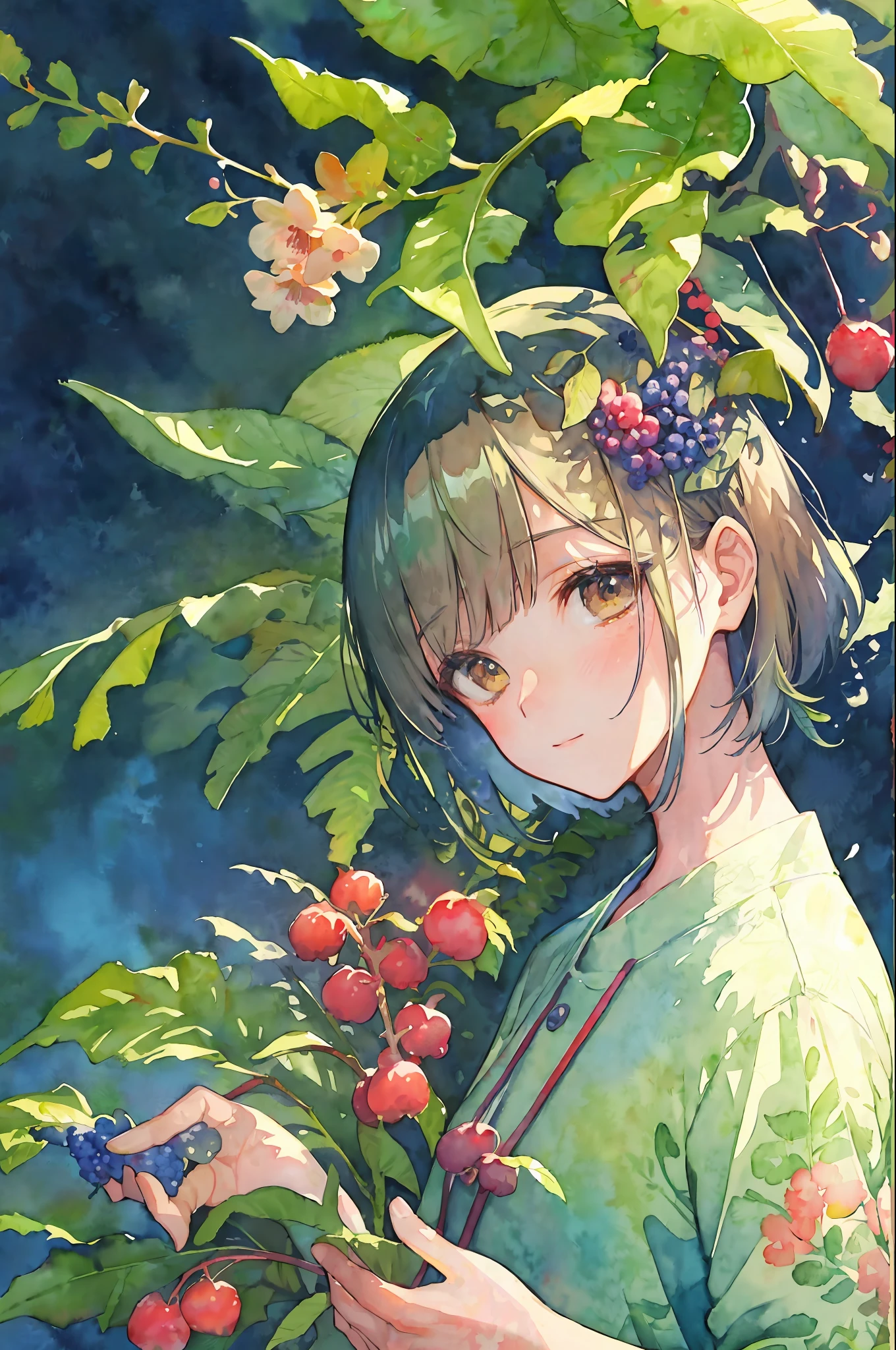 ((super detailed), #3b4195背景, beautiful flowers, berries, ferns, leaves, watercolor pattern of calming colors), (watercolor texture), ((1 girl), short hair, cute,