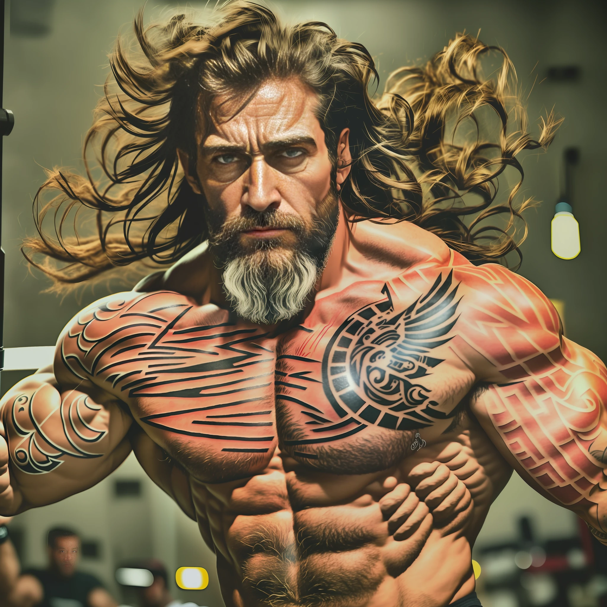 man with a beard, realistic chest, extreme muscles, photo of rugged man, bursting with muscles, muscular and terrifying, exaggerated muscle physique, muscular character, muscular characters, photograph portrait of rugged zeus, exaggerated physique, skin (realistic skin texture, realistic skin lighting, realistic skin pores), tattoo (simple tattoo, simple lines, black, realistic tattoo, tribal design), High Definition (HD, 8k, best quality, shot on Canon)