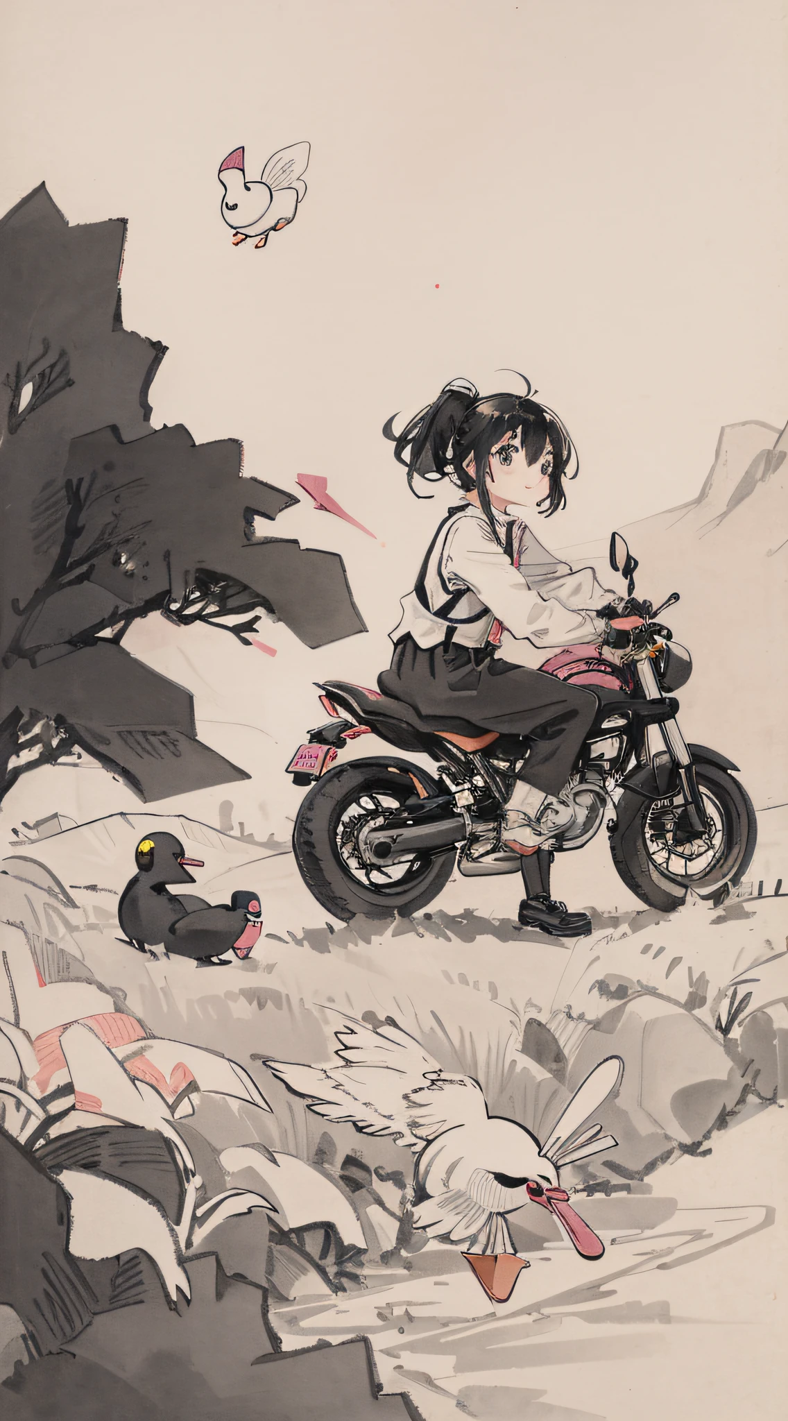 Girl riding pink motorcycle, ball head, airplane, cute, funny, pig, duck, suspender, spoof, streamer, black hair, black cloth shoes, moon, ink, landscape, HD