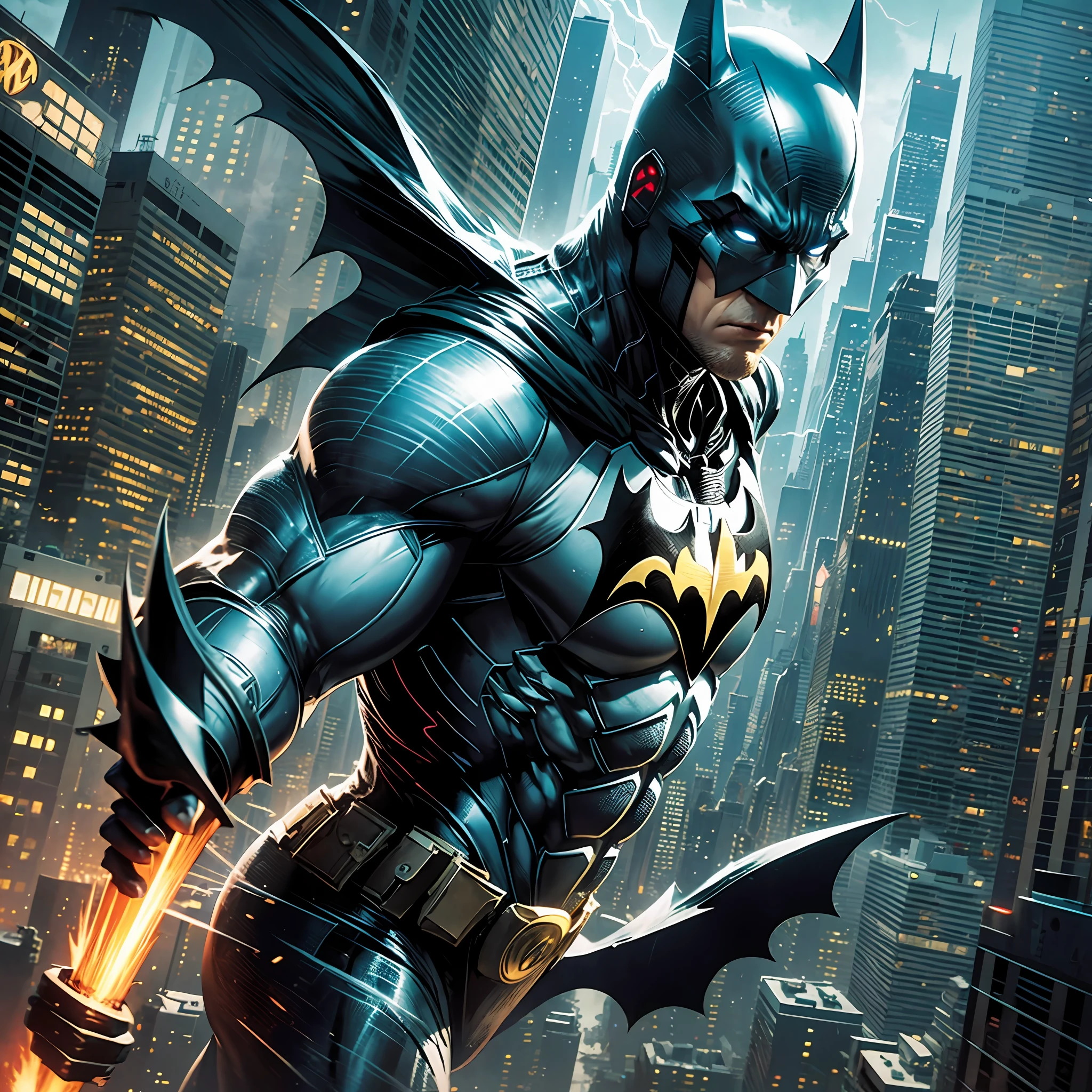 Batman, steel suit, fighting in New York City, 4k full of lightning and dragons, with his friend Superman --auto --s2