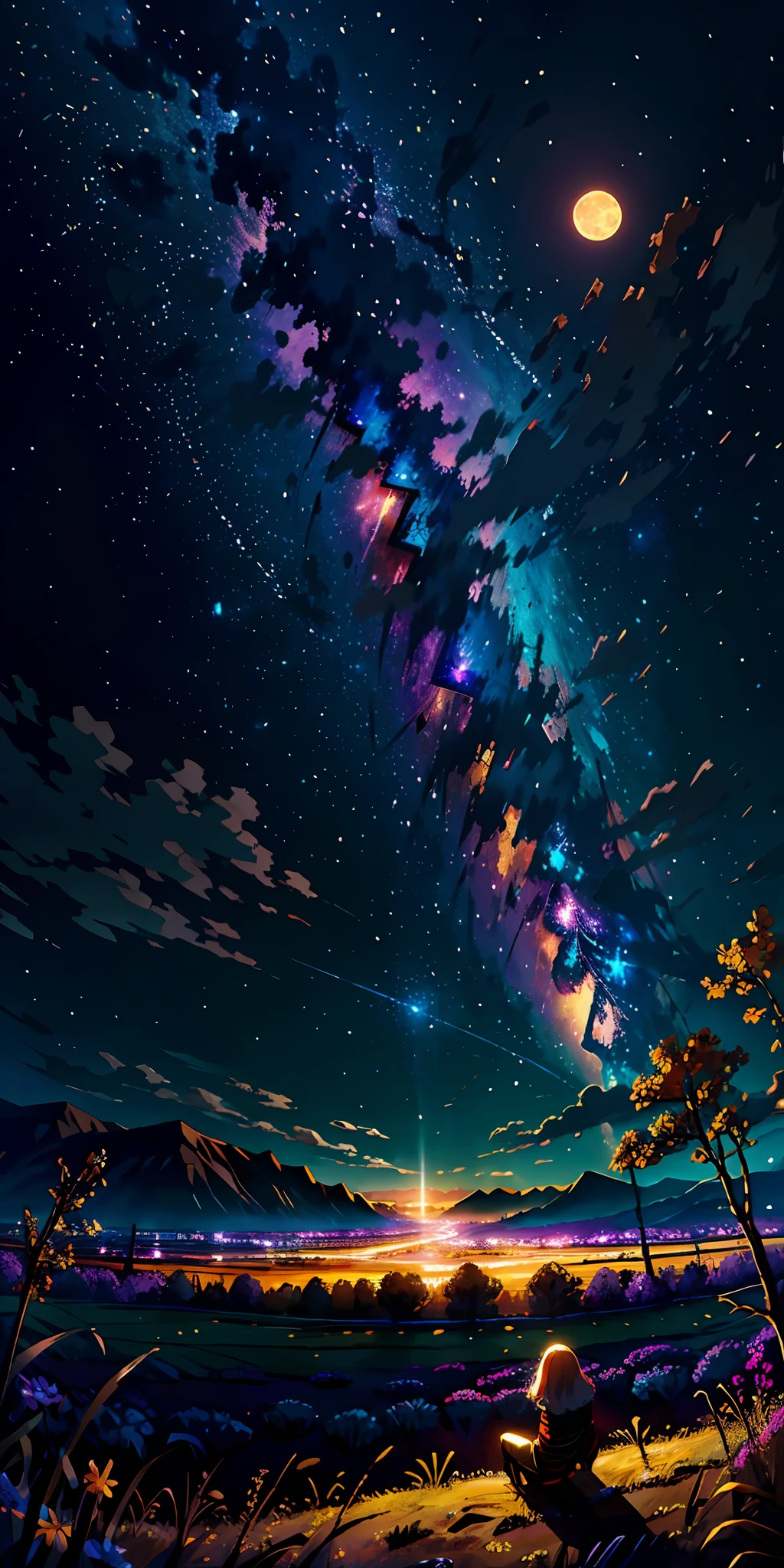 A wide landscape photo, (viewed from below, the sky is above, and the open field is below), an anime girl sitting on colorful flowers field looking up, (full moon: 1.2), (meteor: 0.9), (nebula: 1.3), distant mountains , shooting stars, Trees BREAK Crafting Art, (Warm Light: 1.2), (Firefly: 1.2), Lights, Lots of Purple and Orange, Intricate Details, colorful palette,Volumetric Lighting BREAK (Masterpiece: 1.2), (Best Quality), 4k, Ultra Detailed, (Dynamic Composition: 1.4), Rich in Detail and Color, (Rainbow Color: 1.2), (Glow, Atmospheric Lighting), Dreamy, Magical, (Solo: 1.2),