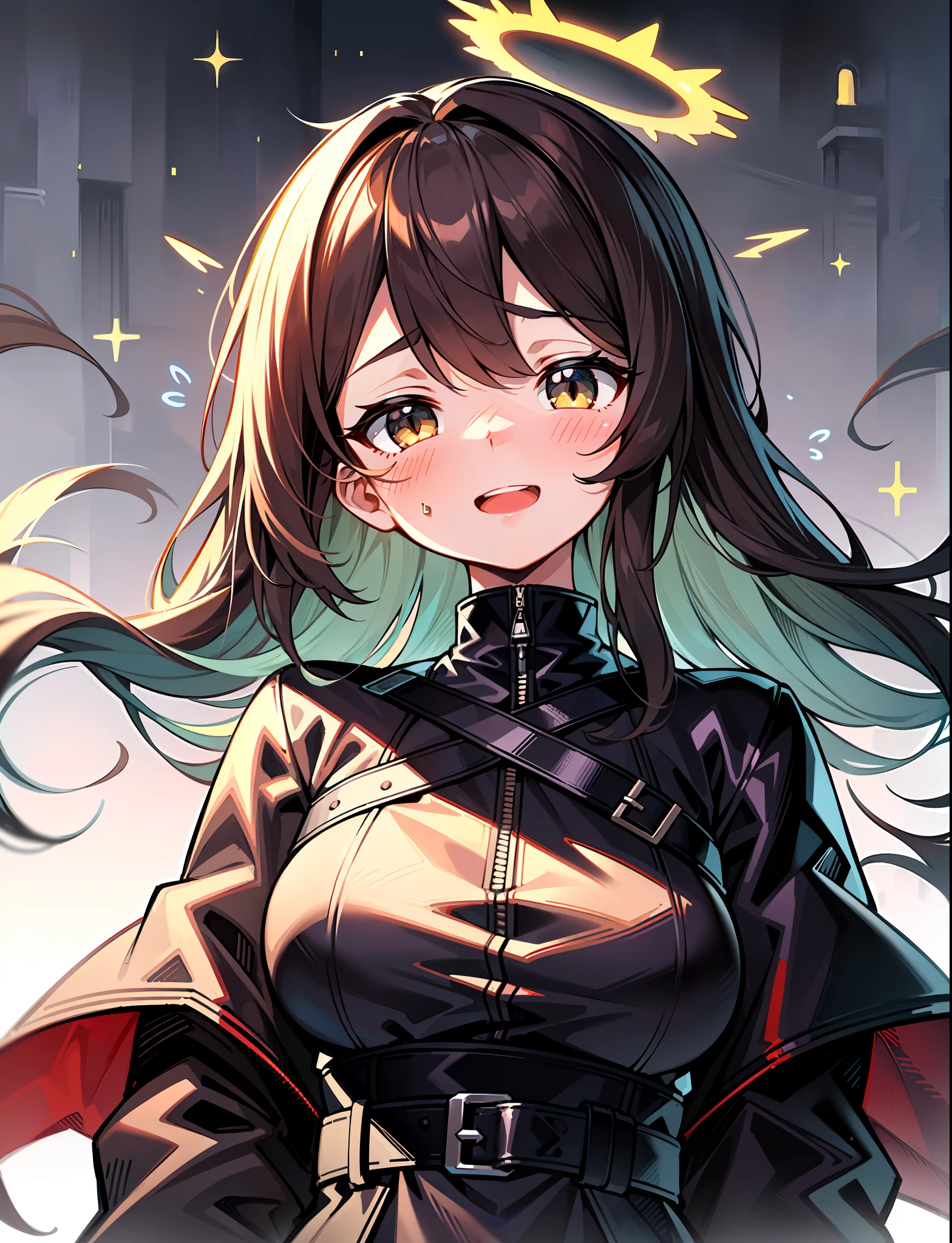 masterpiece, best quality, ultra-detailed, illustration,1girl, black dress, black jacket, blush, breasts, clothing cutout, dress, flying sweatdrops, halo,  jacket, kokona, long sleeves, looking at viewer, open mouth, simple background, solo, upper body, white background