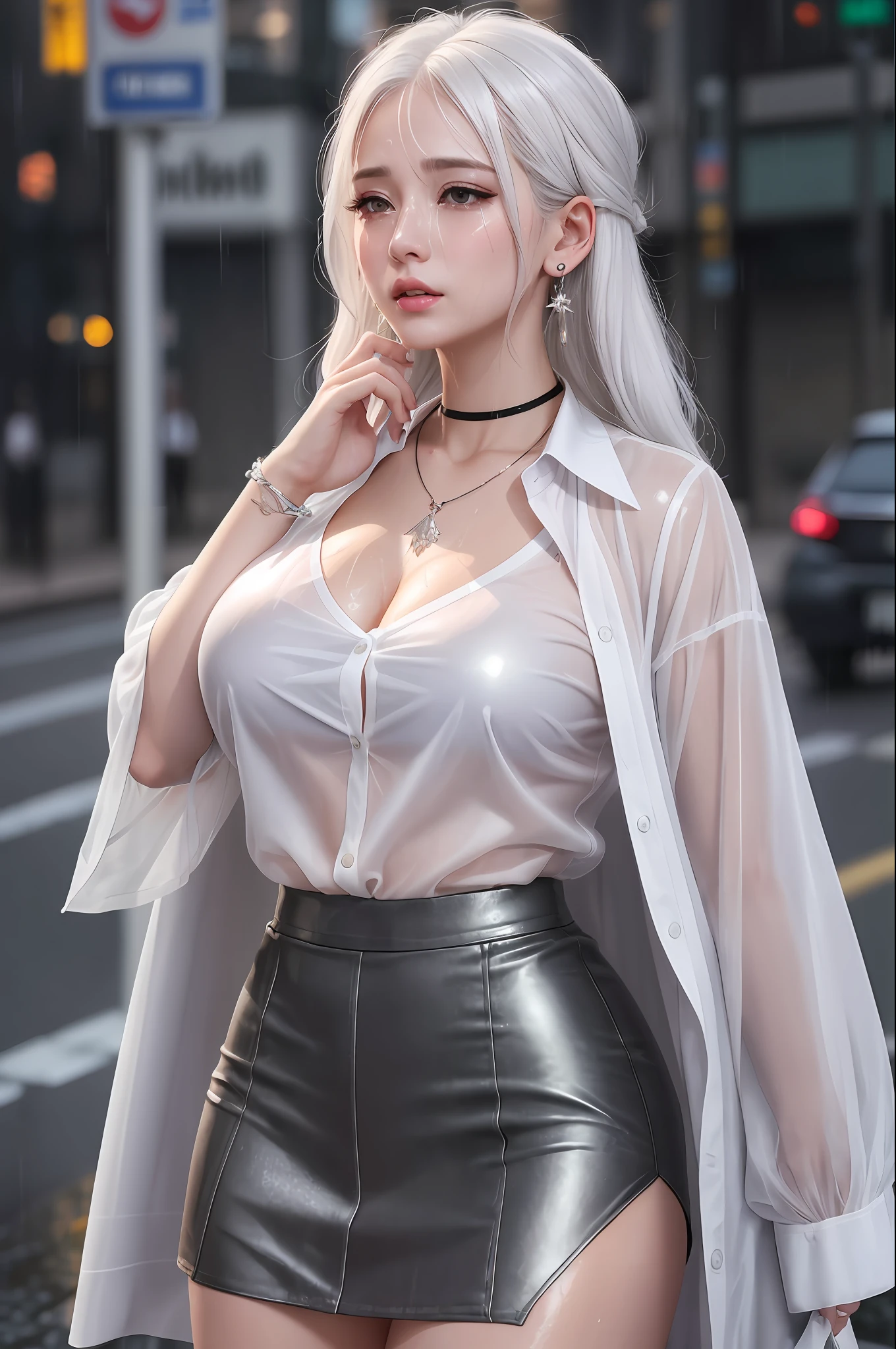 Crying, tears, white hair, delicate hairstyle, a girl wet from the rain, standing on the street, big breasts, open chest, long eyelashes, lip gloss, transparent white shirt, necklace, earrings, top quality, transparent black miniskirt, high resolution rate, 8K quality