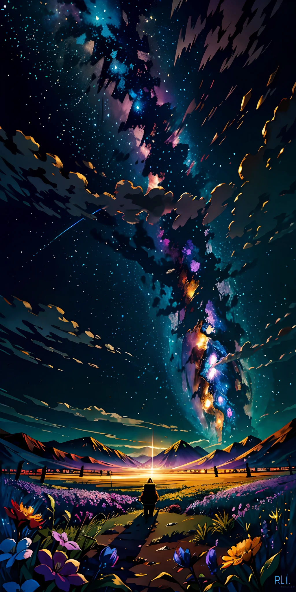 A wide landscape photo, (viewed from below, the sky is above, and the open field is below), an anime girl sitting on colorful flowers field looking up, (full moon: 1.2), (meteor: 0.9), (nebula: 1.3), distant mountains , shooting stars, Trees BREAK Crafting Art, (Warm Light: 1.2), (Firefly: 1.2), Lights, Lots of Purple and Orange, Intricate Details, colorful palette,Volumetric Lighting BREAK (Masterpiece: 1.2), (Best Quality), 4k, Ultra Detailed, (Dynamic Composition: 1.4), Rich in Detail and Color, (Rainbow Color: 1.2), (Glow, Atmospheric Lighting), Dreamy, Magical, (Solo: 1.2),