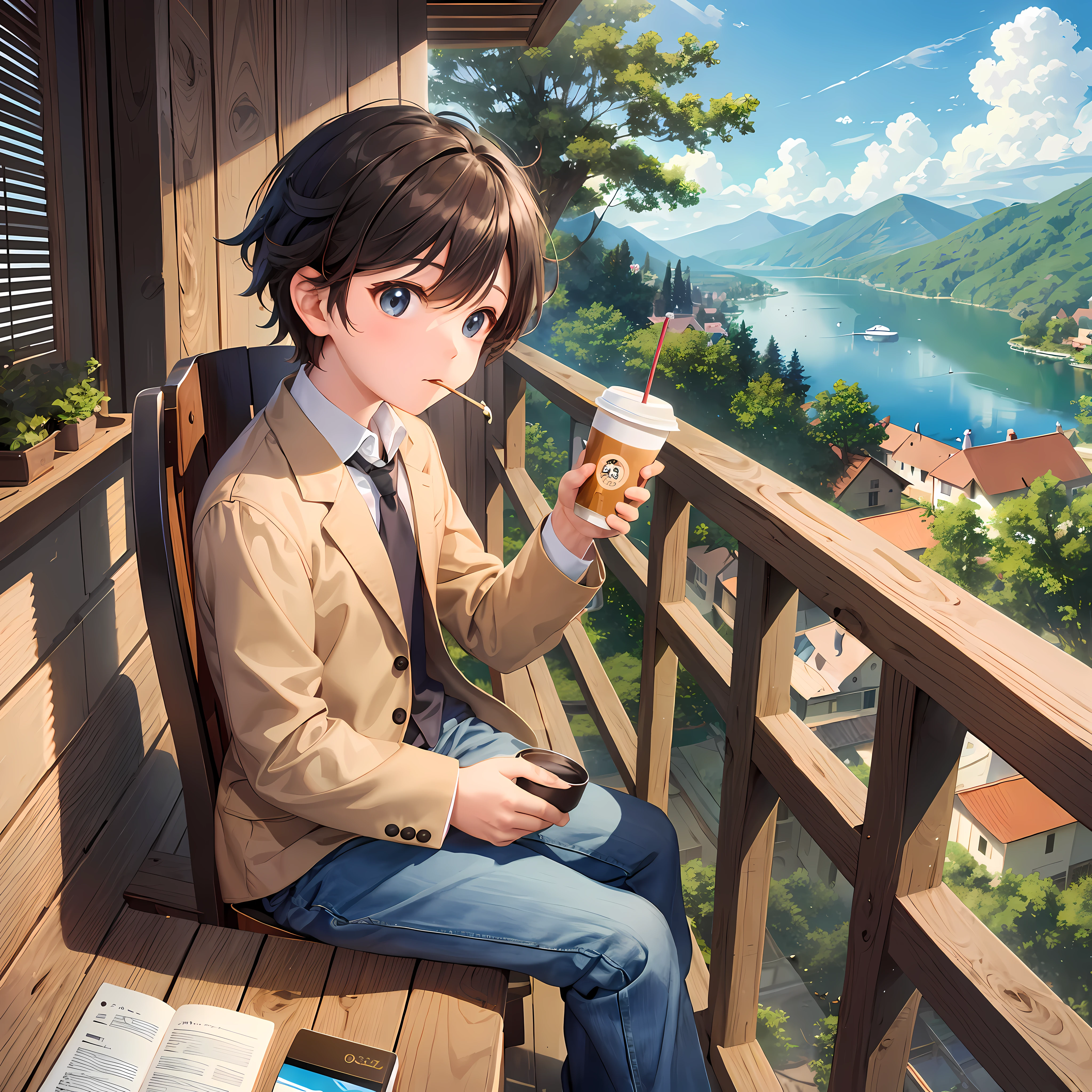 a cute  spy, sipping coffee, while sitting in chair, Good morning, coffee, sunrise, warm climate, morning brezze, little birds on the tree, awesome lake view from the window. Ultra realistic, high quality, anime style, (chibbi style), (cute)