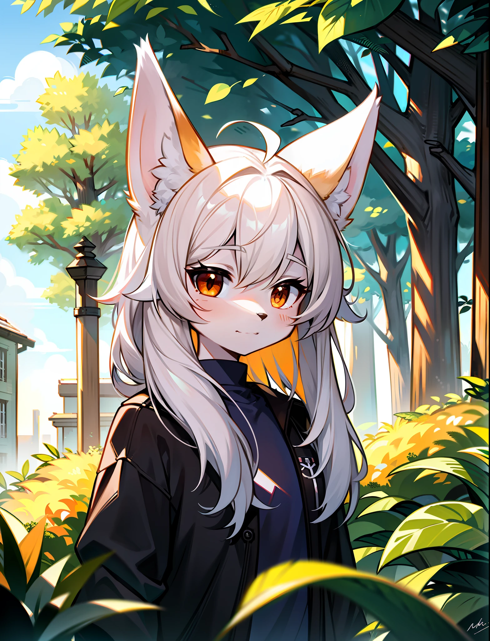 , mammal, canid, fur, canine, solo, white body, fennec fox, whiskers, white fur, plant, leaf, clothing, anthro, tuft, ambiguous gender, hi res, detailed background, clothed, inner ear fluff, black nose, topwear, portrait, looking at viewer, nature, bust portrait, fluffy, fox, outside, front view, shirt, brown eyes, multicolored body