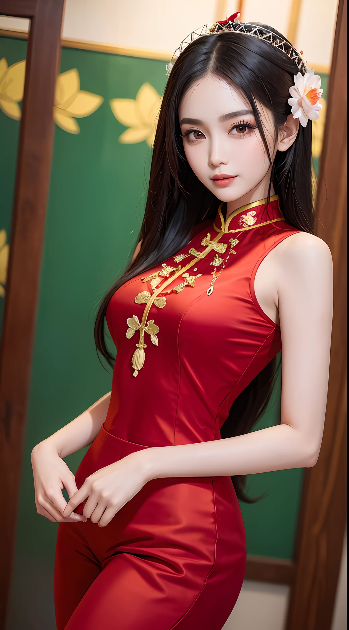1 beautiful girl in the traditional red ao dai of the Vietnamese people, black hair, long hair, beautiful pink face, brown eyes, thin and curved eyebrows, eyelashes curled and decorated with fine and detailed makeup, Wearing a traditional Vietnamese conical hat on the head, a red high-necked ao dai, with patterns on the shirt, Small shoulders, slender arms, big and round breasts, slim waist, The butt is moderately large, Wear 1 pair of red silk long pants with a long shirt with split sleeves, Traditional Vietnamese Ao Dai style, wearing a pair of red sexy pantyhose, sexy body curves, the girl's body is slim and regular, Red and beautiful lips, charming smile, Looking directly at the audience watching, Hand holding fresh lotus flowers, The most realistic picture, 8k quality, super sharp, highest quality picture, best photo, Portrait of a girl,