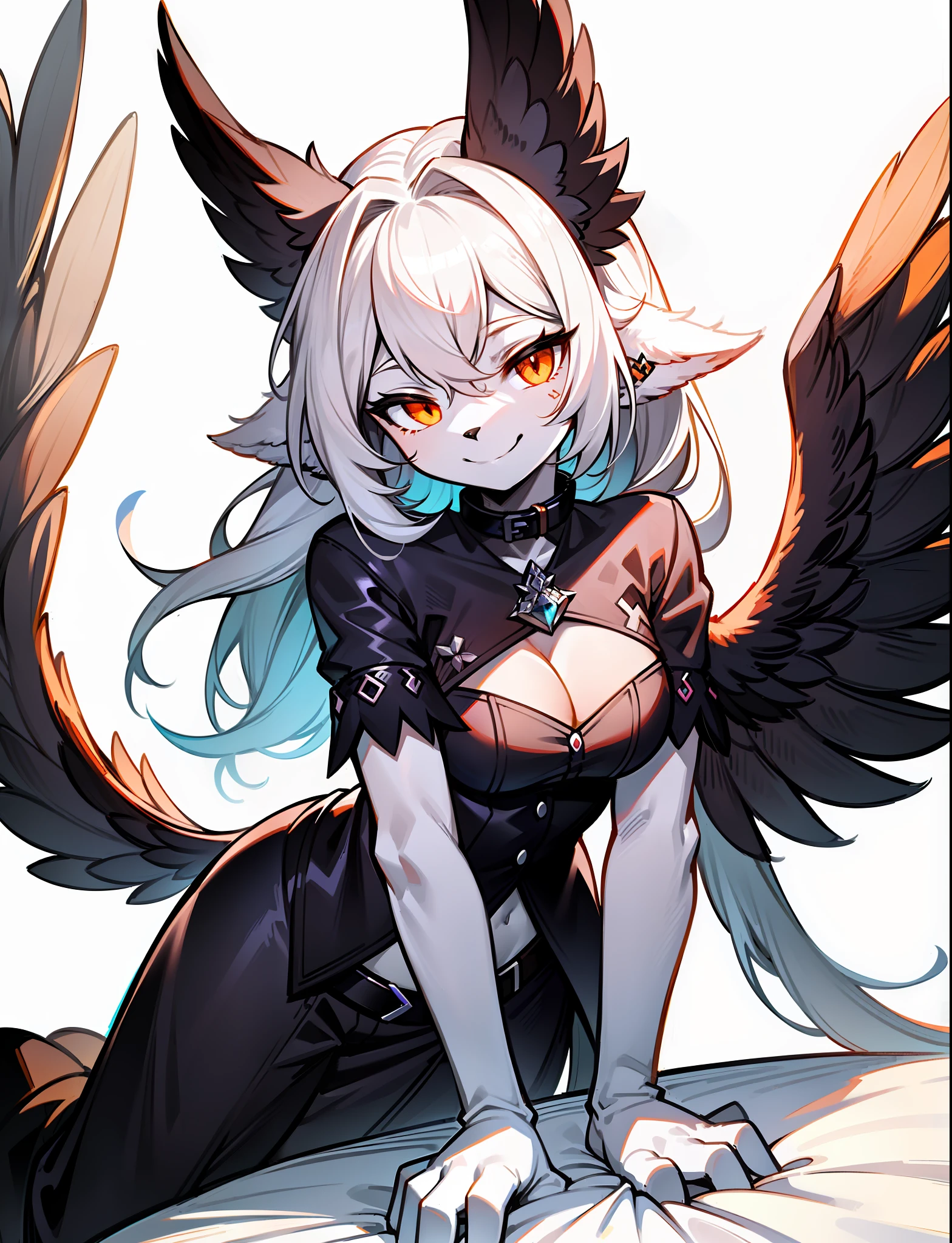 ((masterpiece, best quality)), (anthro furry:1.3, anthro:1.3, furry:1.2, fullbody:1.2, solo female:1.2, cleavage, leaning forward, smile), anthropomorphic avian, avali, laying on bed, sexy, sensual, suggestive posing, messy hair, White fur, avali, avian, black and white, Feathers, tail feathers, multi ear, four ears, wing arms, anthropomorphic, Cute face, smile, collar, orange eye, blue line on the body, Face, White background, Face close up
