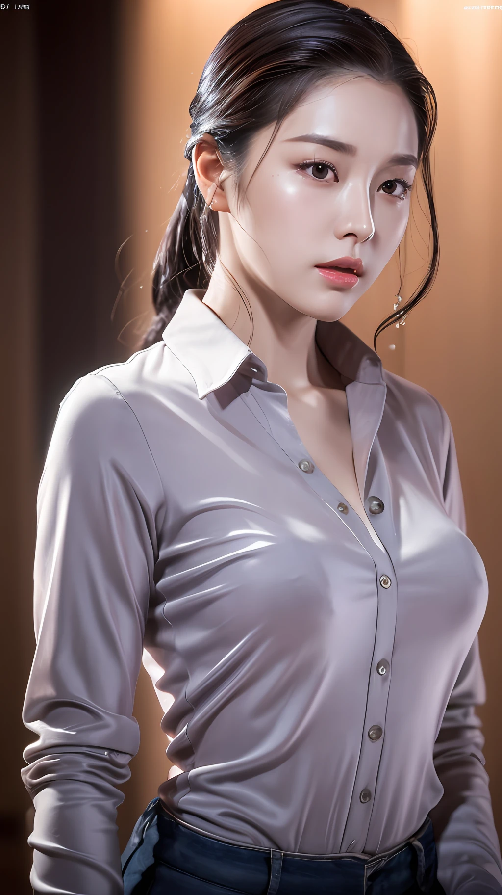 realistic photos of (1 cute Korean star)hair slicked back, thin makeup, medium breasts size, long sleeve shirt, vanishing point, f/4.0, 35mm, Nikon, cinematic lighting, cinematic lighting, blending, UHD, masterpiece, super detail, 16k
