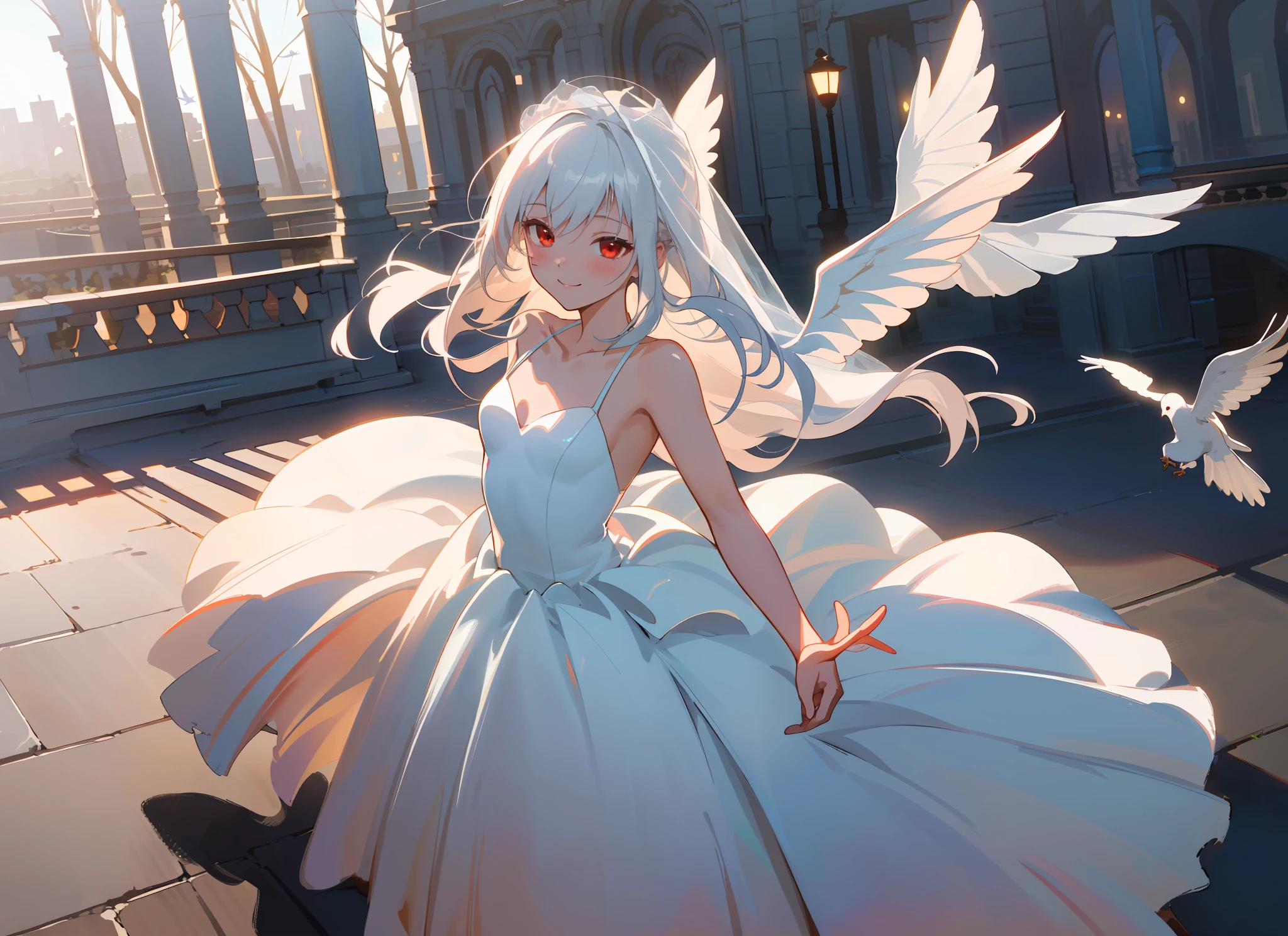 ((solo)), landscape, depth of field, ((outdoors)), (extremely detailed CG unity 8k wallpaper), (((masterpiece))), ((best quality)), ((ultra- detailed), (best illustration), (best shadow), (extremely delicate), perfect female body, ((1girl)), small breasts, silver hair, white hair, red eyes, gradient eyes, detailed eyes, happy smile, gradient hair, detailed hair, long hair, blush, movie lighting, ((original character painting))), super detailed, very detailed, (wedding dress), white doves flying around