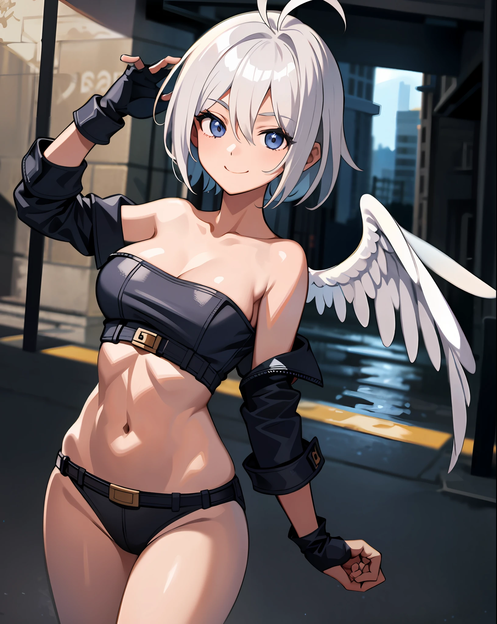masterpiece, best quality, one girl, angel, hair over one eye, smile, ahoge, cowboy shot,navel, exposed abdomen
