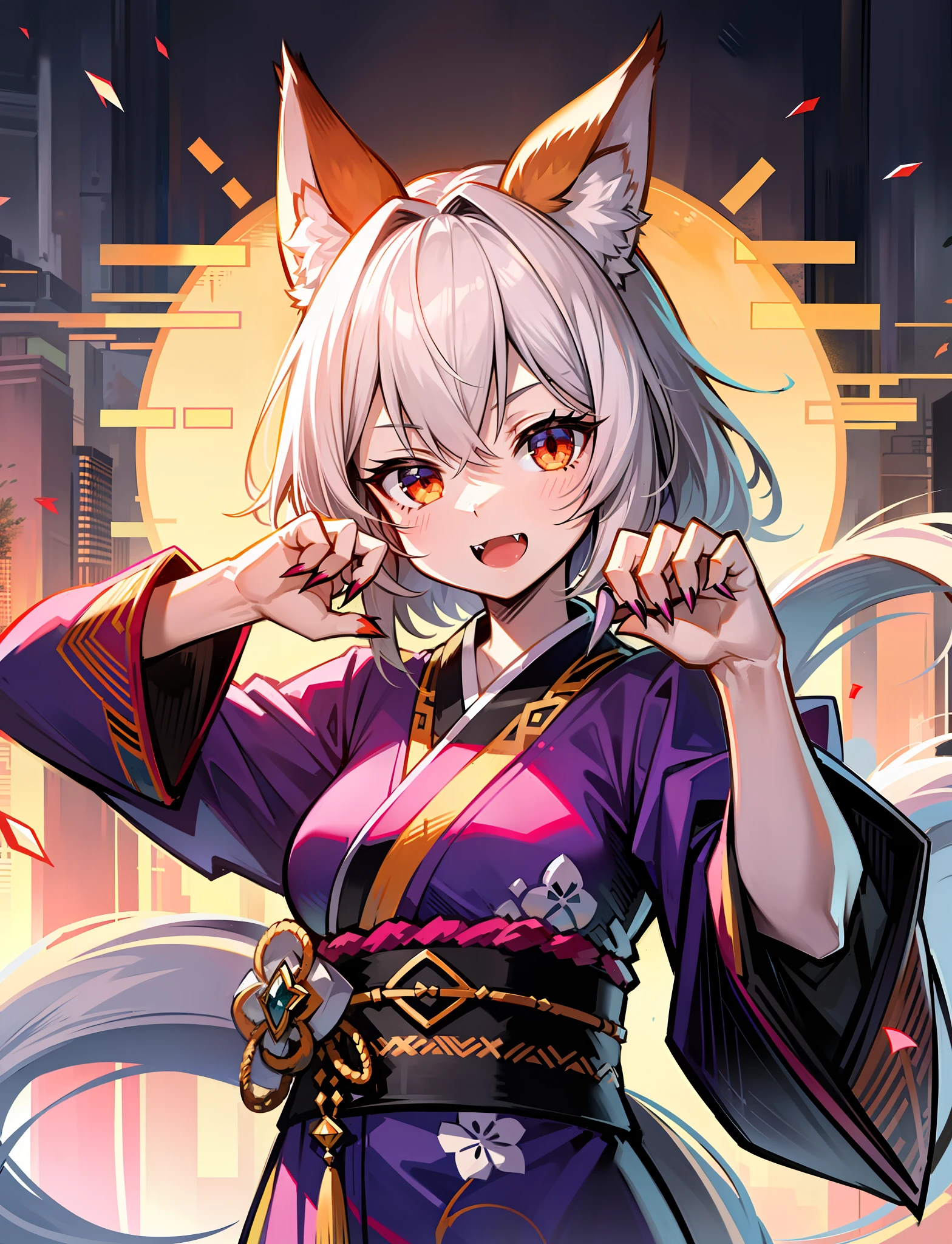 1girl,solo,fox_ears,alicemanabell, open mouth, closed mouth, upper body, (claw pose),skin fang, kimono