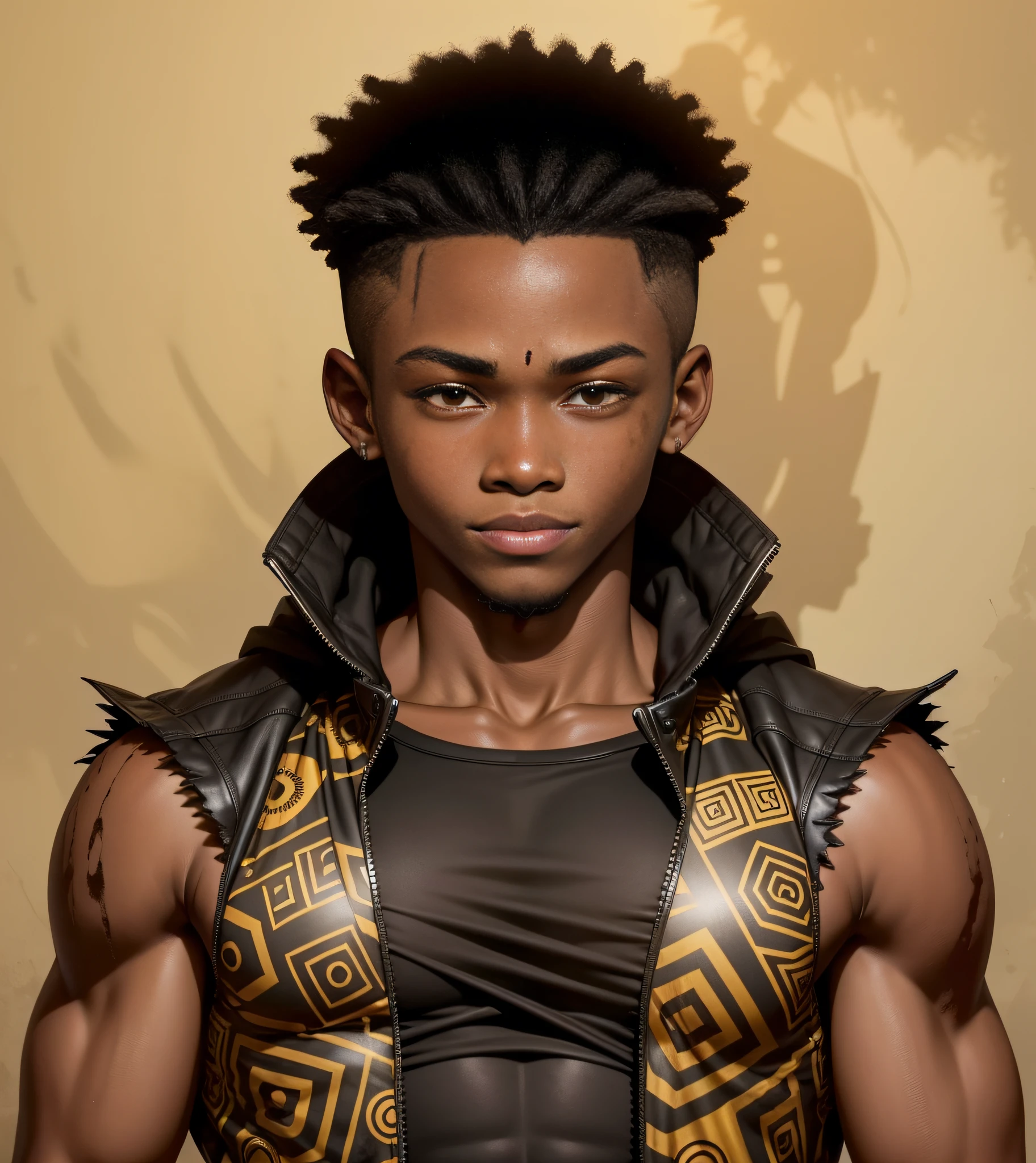 "Whole body of the African boy in anime style:1.2, molded with strength and with sharp nails, wearing African tank top jacket and black pants, in a dark environment with strong contrast. Soft face, Several marks on the right and left arms, no marks on the face, smiling."