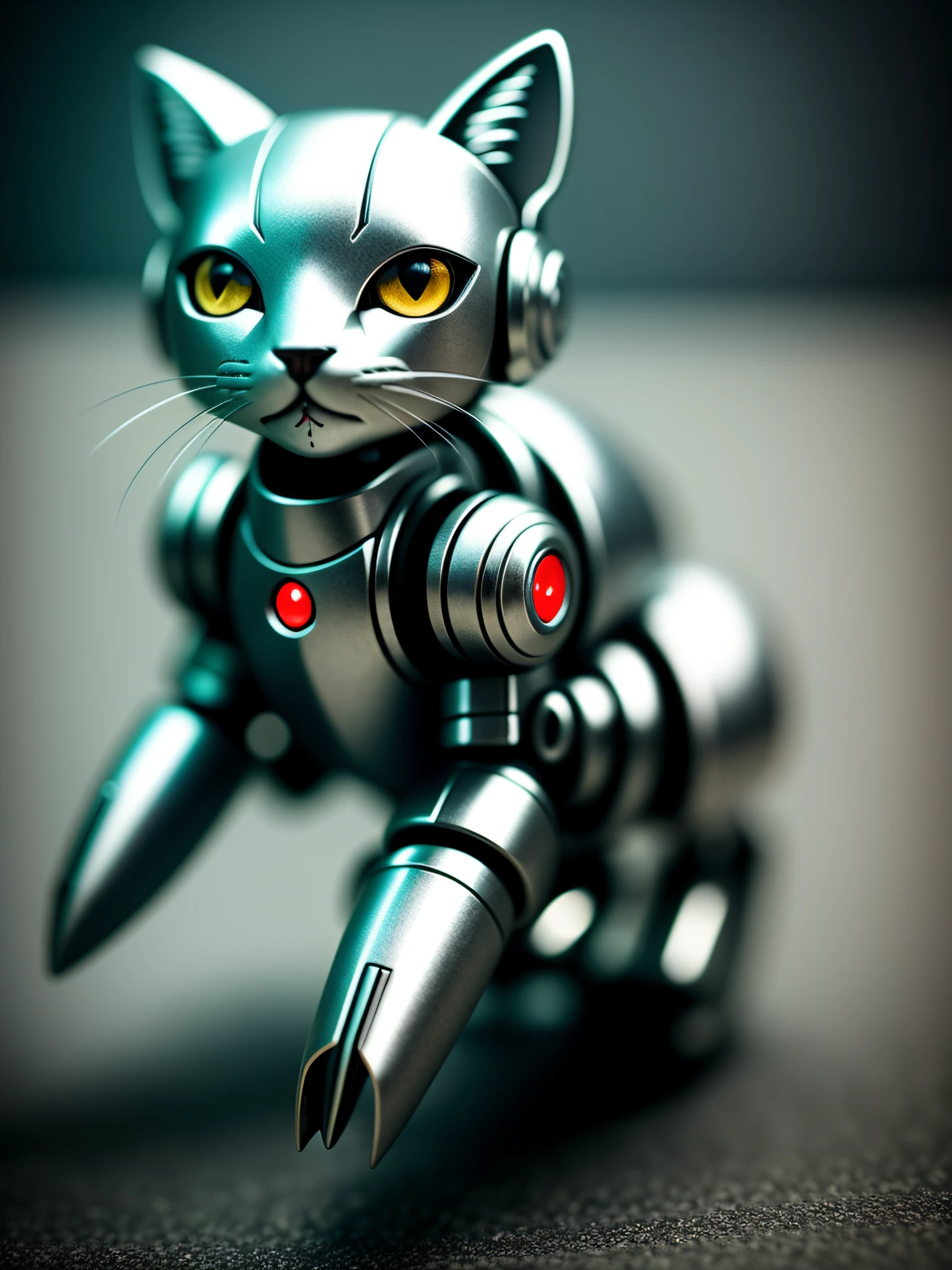 cute kitten made of metal, (cyborg: 1.1), ([tail | detailed wire]: 1.3), (complex detail), HDR, (complex detail, super detail: 1.2), cinematic shot, vignette, center