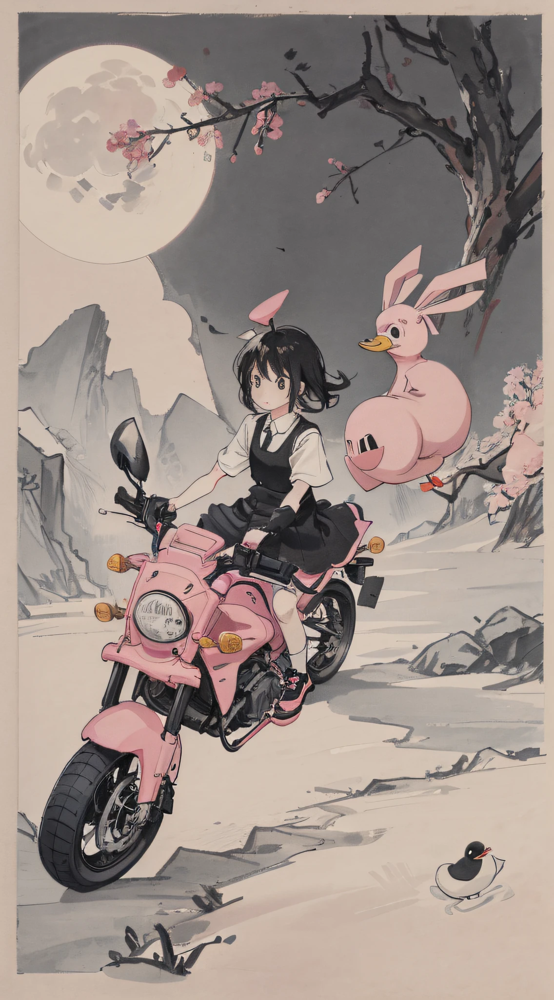Girl riding pink motorcycle, ball head, airplane, cute, funny, pig, duck, suspender, spoof, streamer, black hair, black cloth shoes, moon, ink, landscape, HD