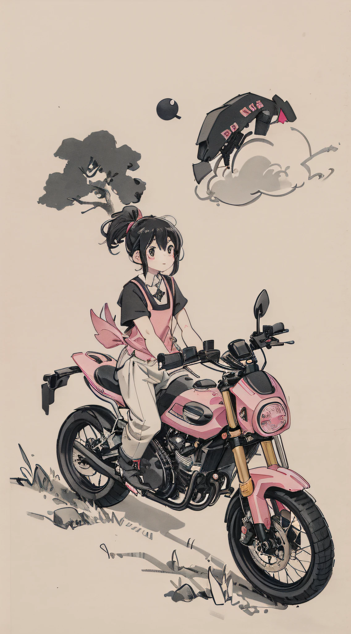Girl riding pink motorcycle, ball head, airplane, cute, funny, pig, duck, suspender, spoof, streamer, black hair, black cloth shoes, moon, ink, landscape, HD
