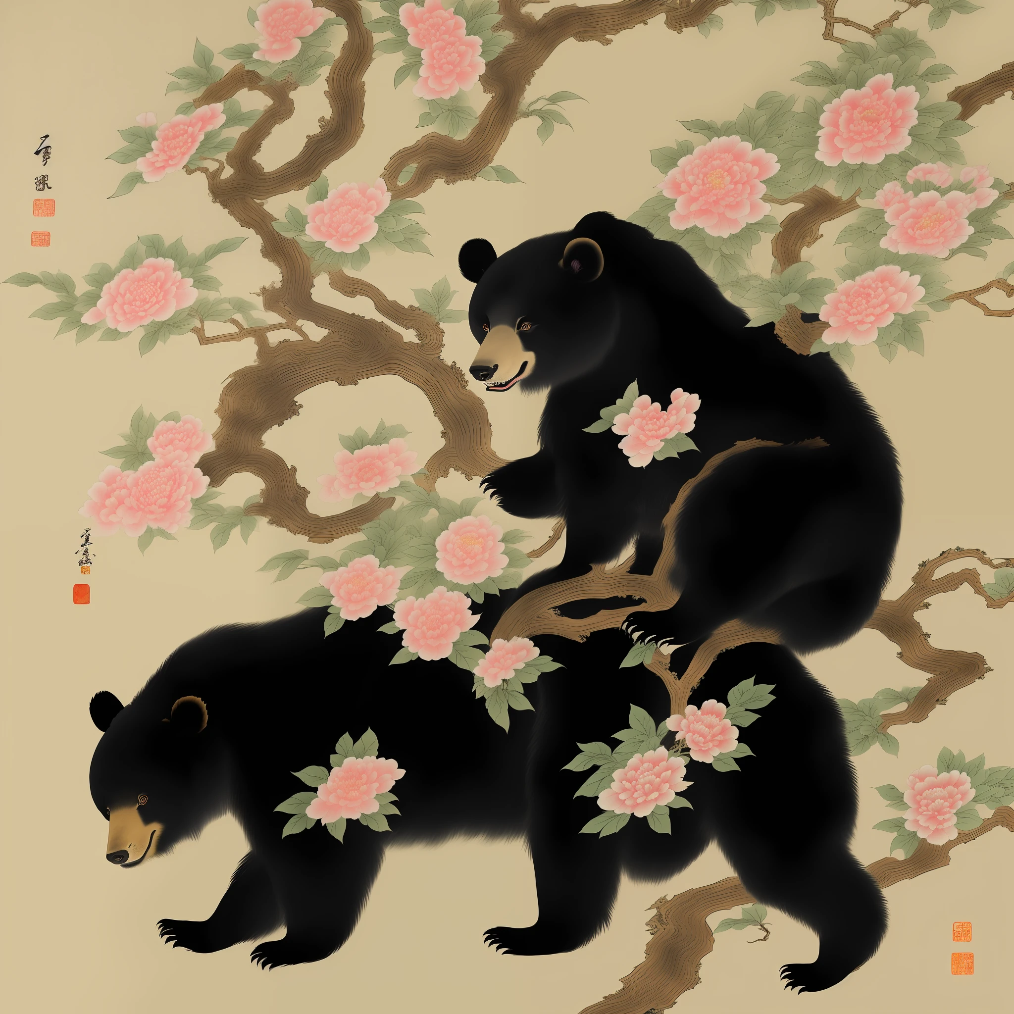 Close-up of an ancient Chinese adult black bear, mural, fierce expression, ashuras in Chinese mythology, ancient Chinese art style, Wen Boren, white Chinese bear fantasy, mythical creatures, Chinese bear concept art, ancient Chinese gorgeous, Chinese mythology, ink flowers, inspired by Puhua, an ancient creature, qigong, single close-up, with body, Qing dynasty painting, traditional painting, intricate detail painting