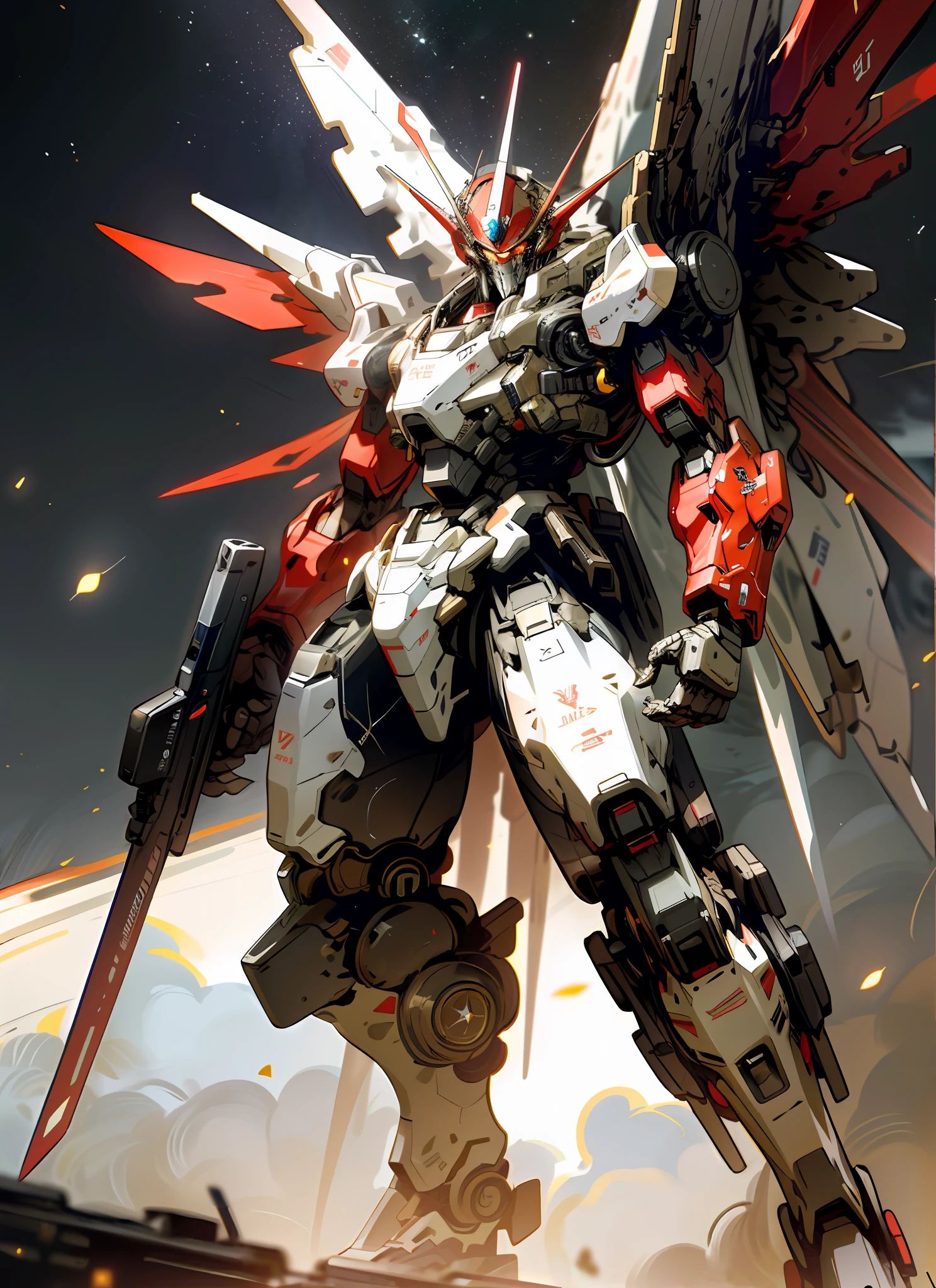 masterpiece, best quality, space, stars, planet background, holding_weapon, glowing, robot, glowing_eyes, mecha, science_fiction, realistic,mecha, red color, full body, mecha wings, action pose