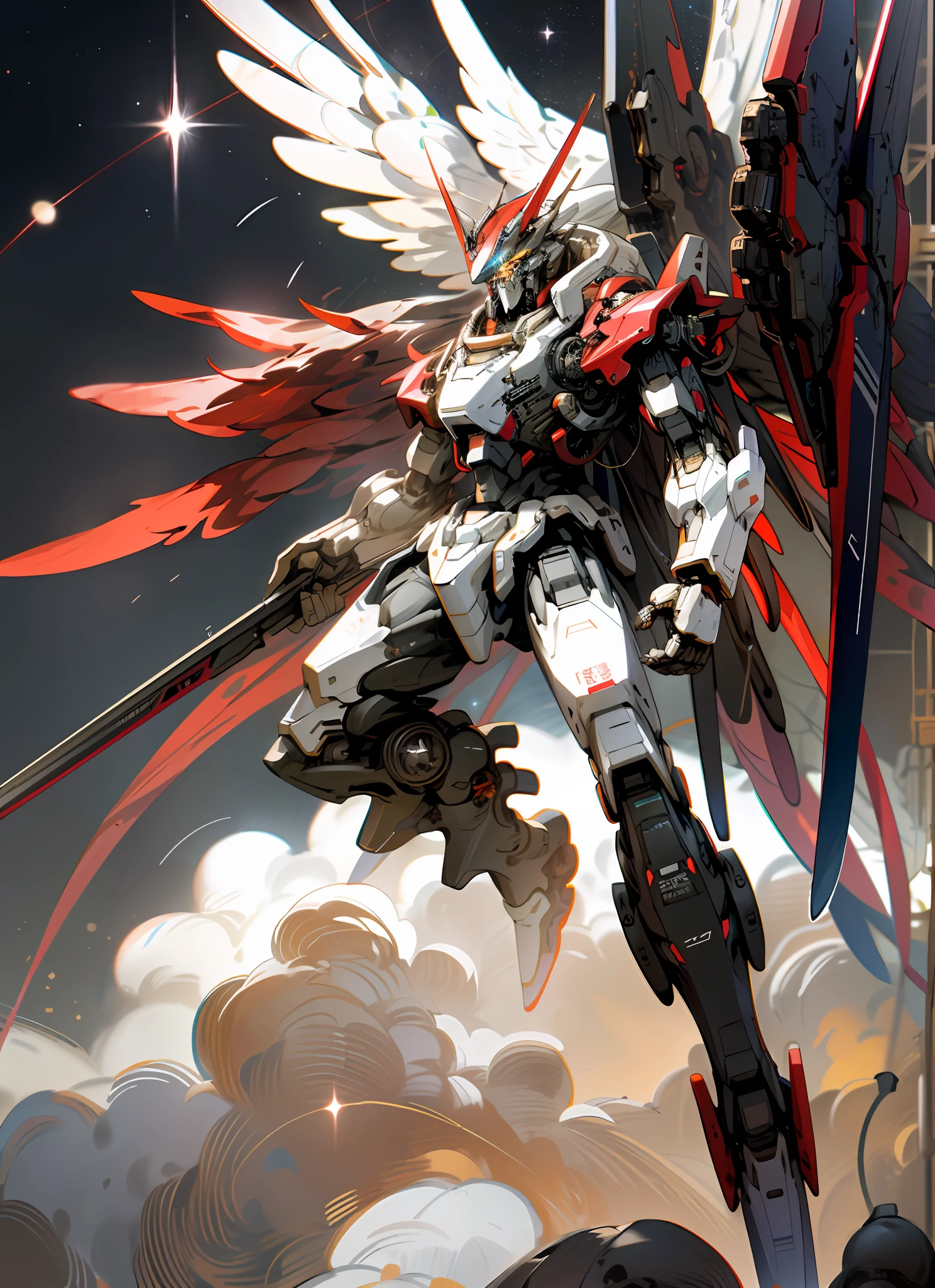 masterpiece, best quality, space, stars, planet background, holding_weapon, glowing, robot, glowing_eyes, mecha, science_fiction, realistic,mecha, red color, full body, mecha wings, action pose