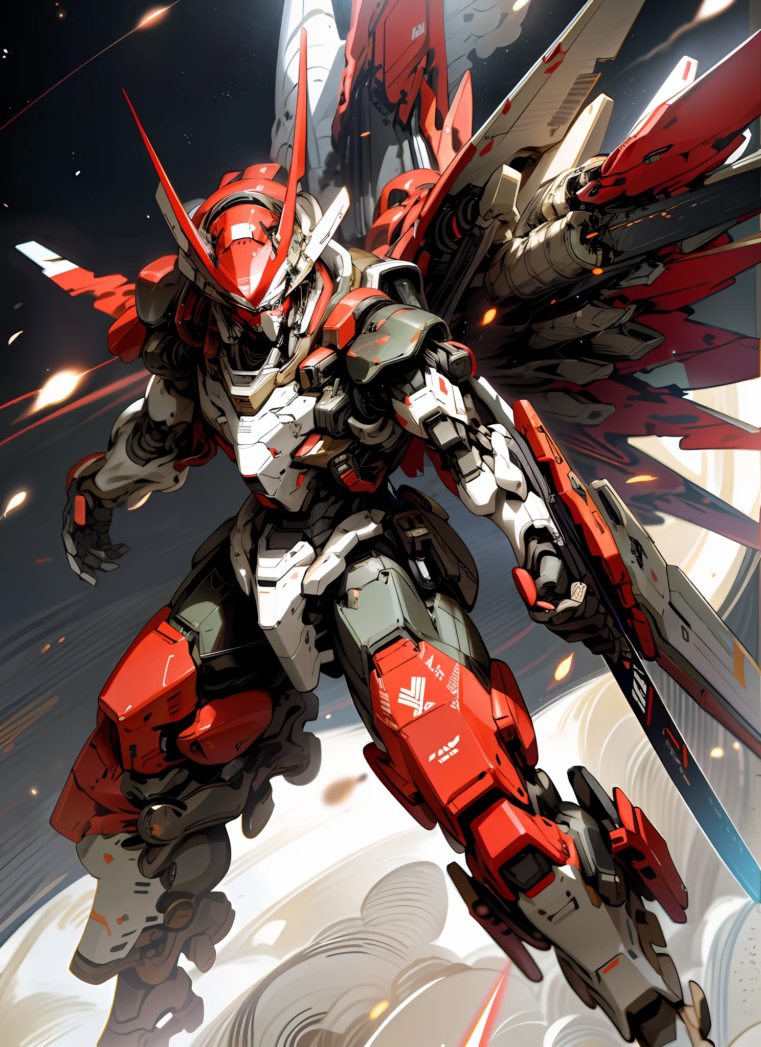 masterpiece, best quality, space, stars, planet background, holding_weapon, glowing, robot, glowing_eyes, mecha, science_fiction, realistic,mecha, red color, full body, mecha wings, action pose