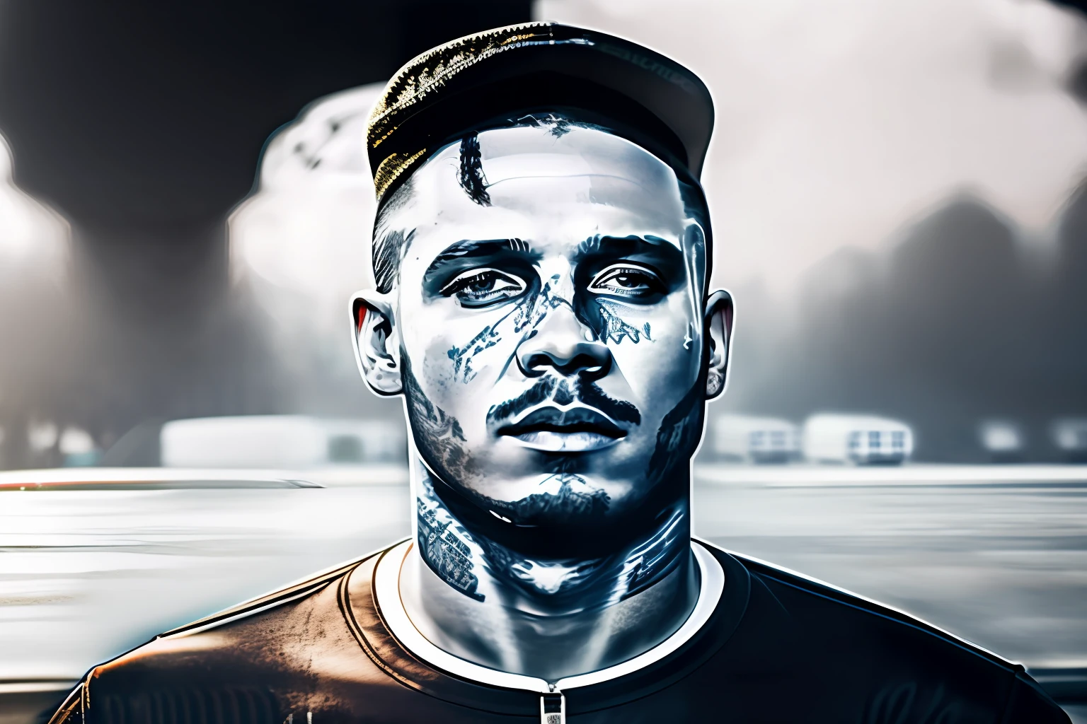 Music cover with cars in the background is a white rapper on the front
