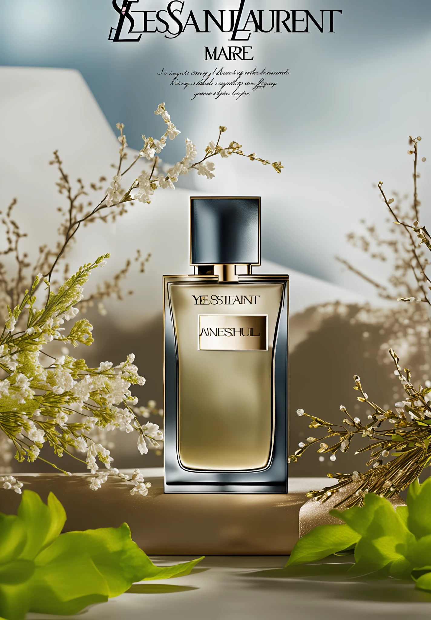 Studio lighting, octane rendering, mottled shadows, (bottle of Yves Saint Laurent perfume), beauty shots, complex background, sunlight, (backlight), Tyndall light, perfume with plants around, inspired by Mae de Mont Travel Eduardes, close-up portrait shot, close-up portrait, surrealism, by Leo Goetz, by Jürgen von Houndberg, inspired by Jean Juvinet, in background, light, cool tones, film texture, 150mm, Estée Lauder, Lancôme, L'Oréal, Nikon