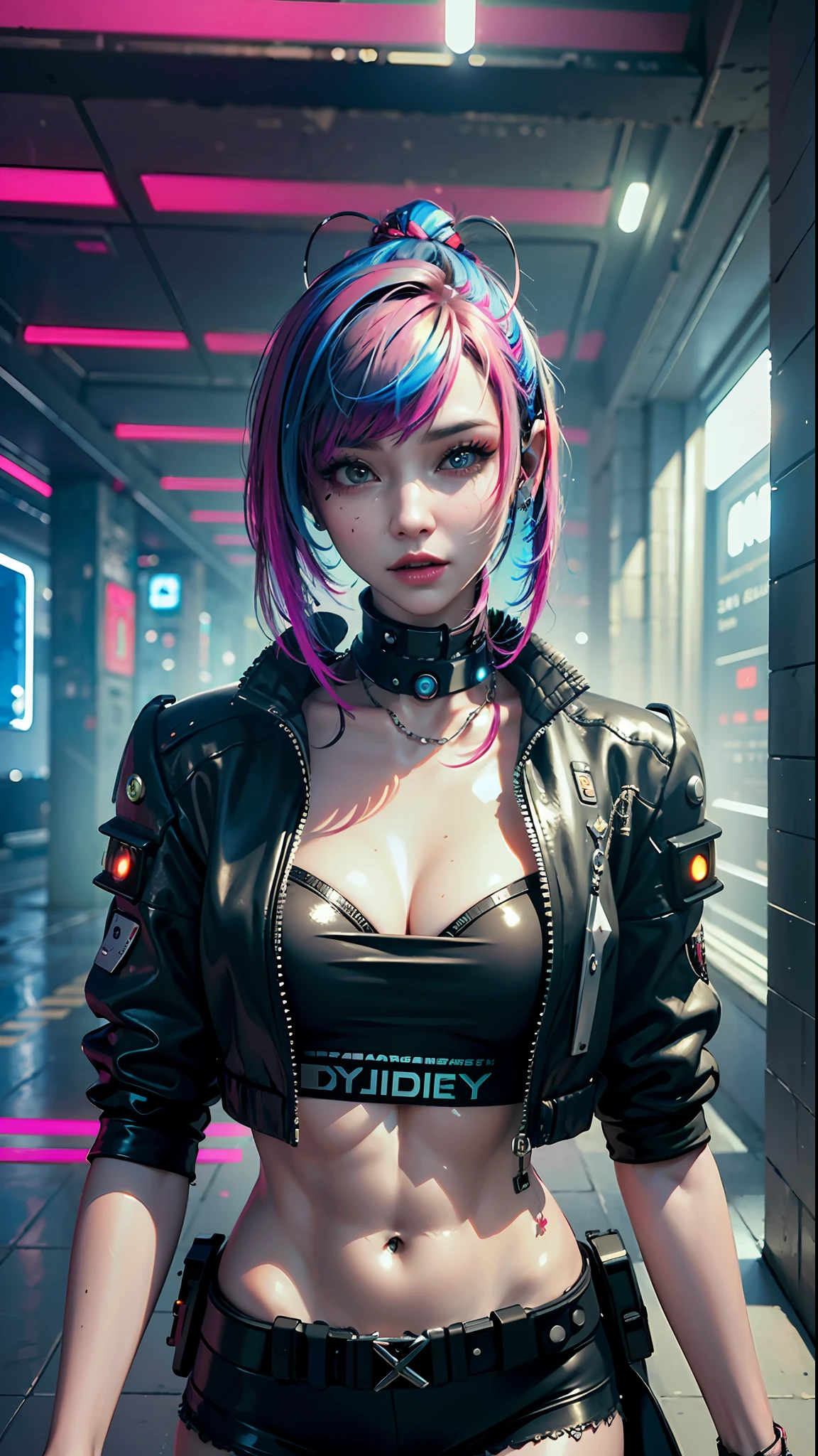 ((Best quality)), ((masterpiece)), (highly detailed:1.3), 3D, beautiful (cyberpunk:1.3) hacker woman with colored hair, black clothes looking at camera