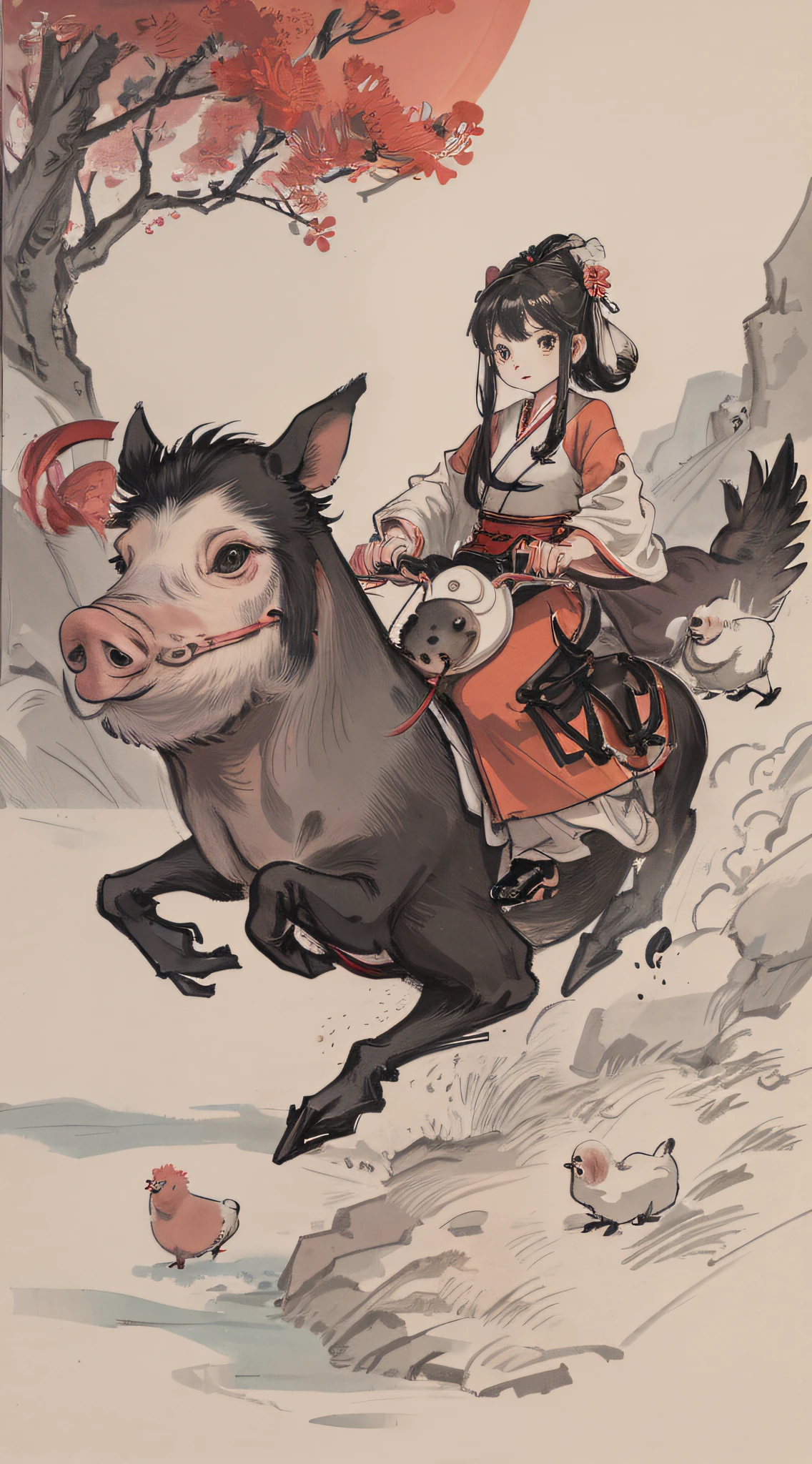 Girl riding red motorcycle, big eyes, black hair, pig, funny, hanfu, cloth shoes, a group of piglets, chickens, dogs, big moon, HD
