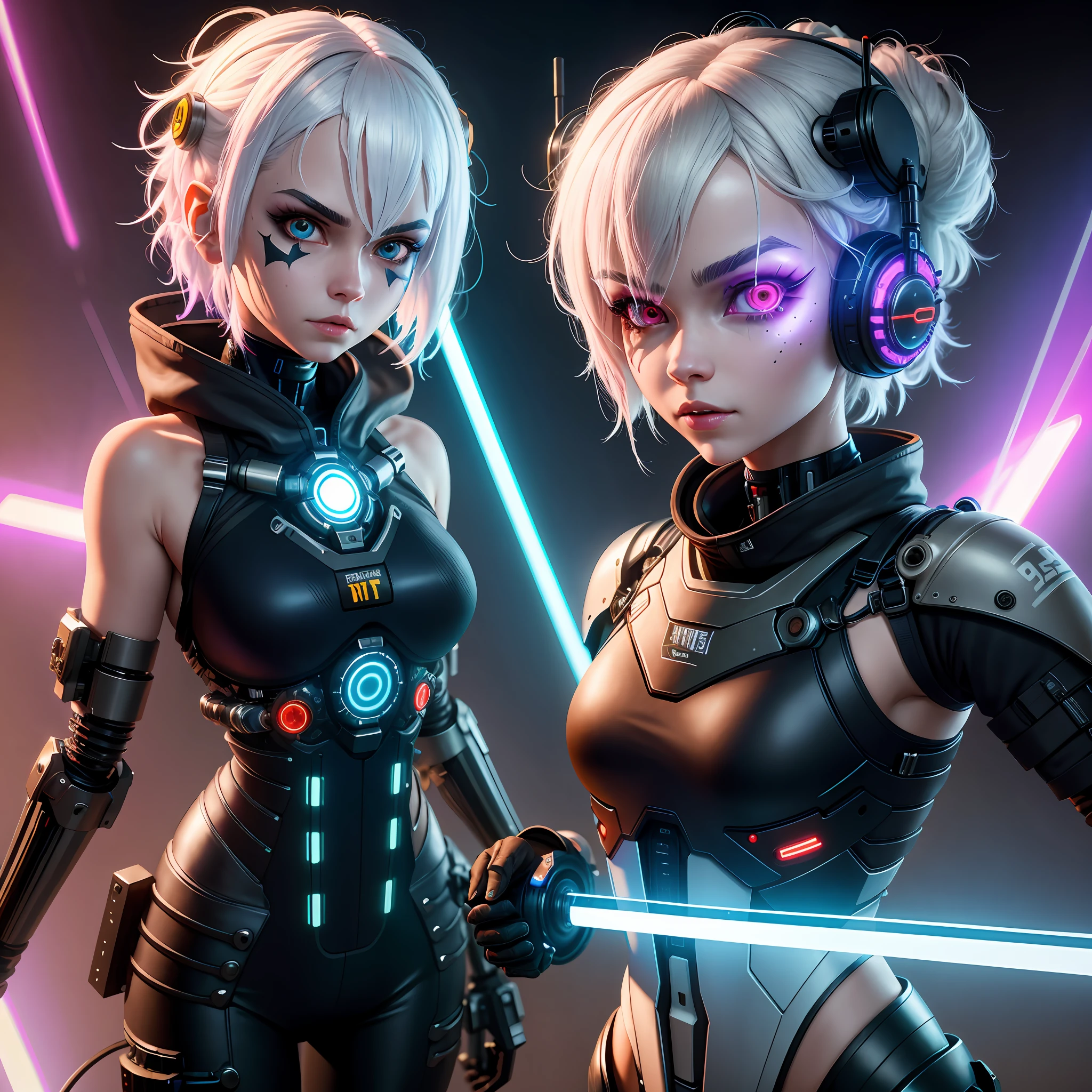 8k, ultra hd, female character, 3d, fantasy, short white hair, cybernetic mask on face, bright eyes, grimes inspired pose, wires by body, experimental tank, mechanical brain, cybernetic face, hybrid, cybernetic sword bright led