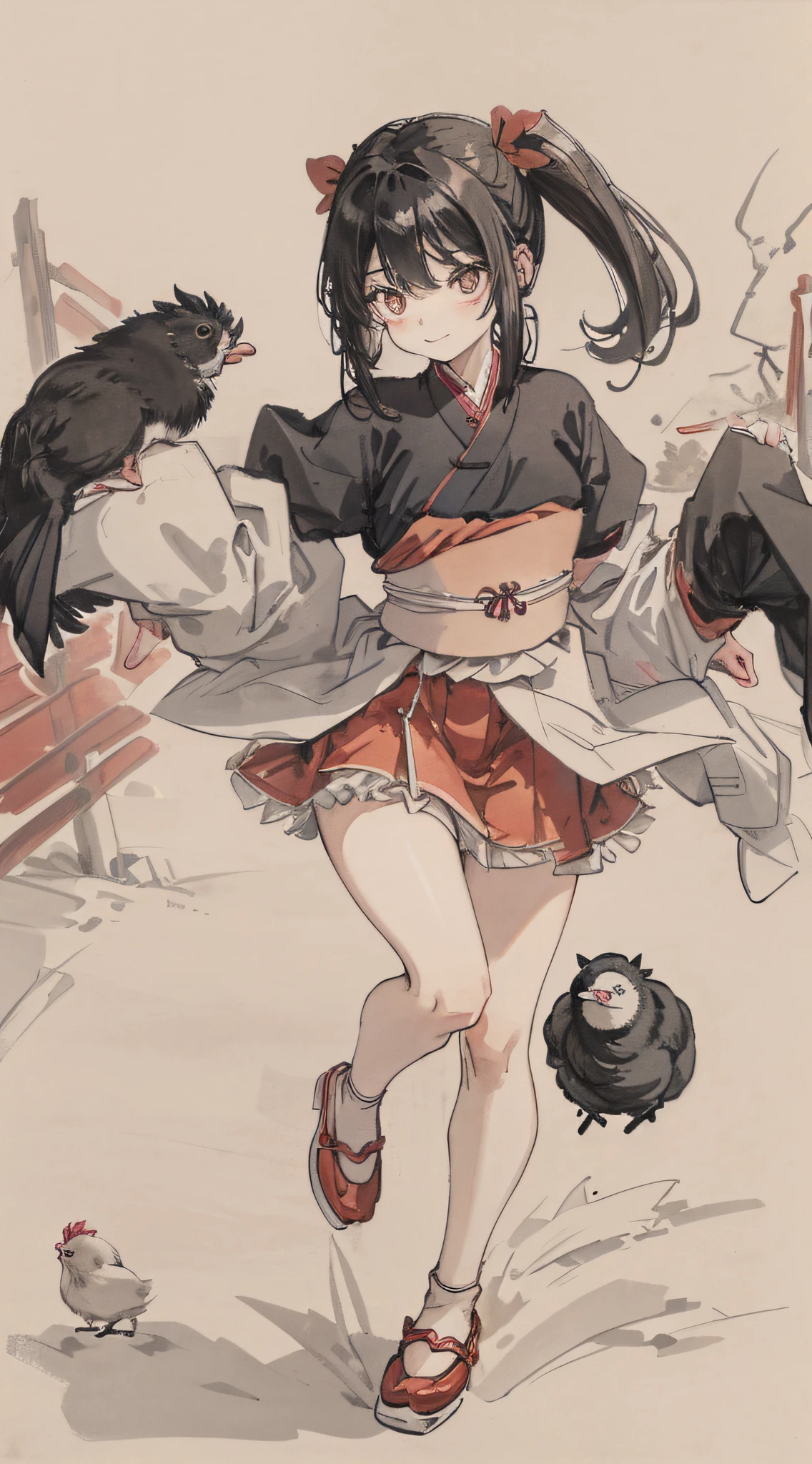 Girl riding red motorcycle, big eyes, black hair, pig, funny, hanfu, cloth shoes, a group of piglets, chickens, dogs, big moon, HD