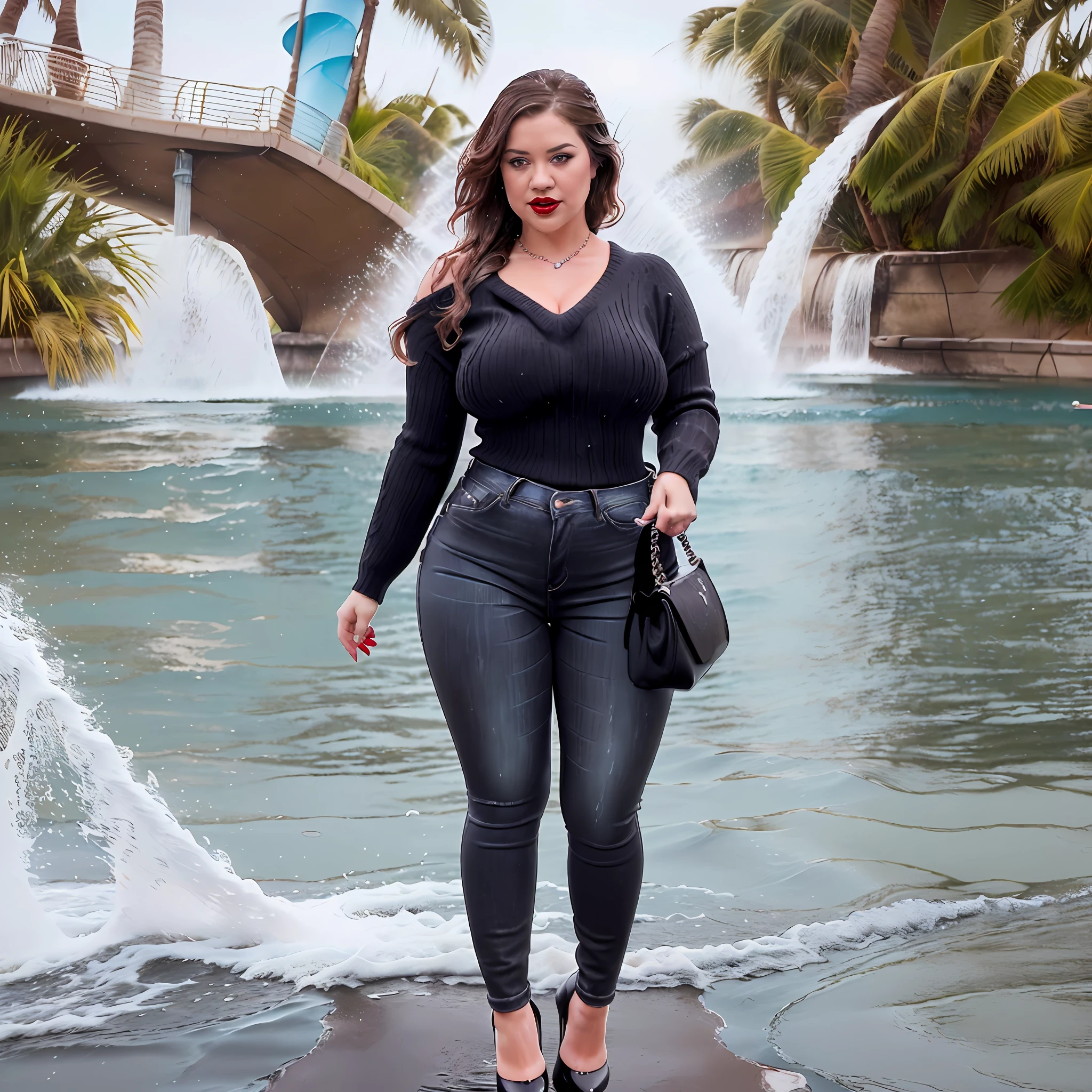 Overweight, chubby, small breasted, Kelly Clarkson, long brown hair, wearing (((tight dark jeans))) (((white v neck sweater))) (((black high heels))) ((wearing red lipstick)) ((wearing jewellery)) (((black handbag on shoulder))) subject is at a water park splashing in the water, playful, sexy ((wet clothes:1.2)) (((full body shot))) (((view side on))) (masterpiece) ((cinematic look)) —v 4