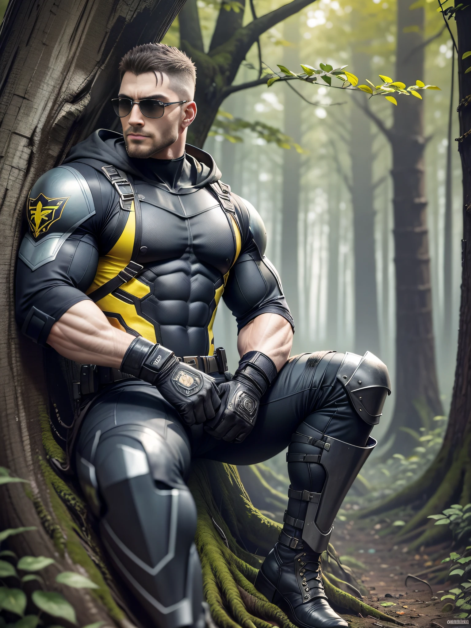 Arad man in yellow and black clothes sitting against a tree in sunny forest, American round head, Buzz Cut, muscle male hero, conceptual art like Ernest Khalimov, heroic male pose, muscular! Wearing black sunglasses, cyberpunk, stealth suit, super buff and cool, high resolution committee, Chris Redfield, Jigachard muscle, Ernest Khalimov body, character design police, black military boots, charismatic strong male with armor, sunlight shining through the gaps in the woods