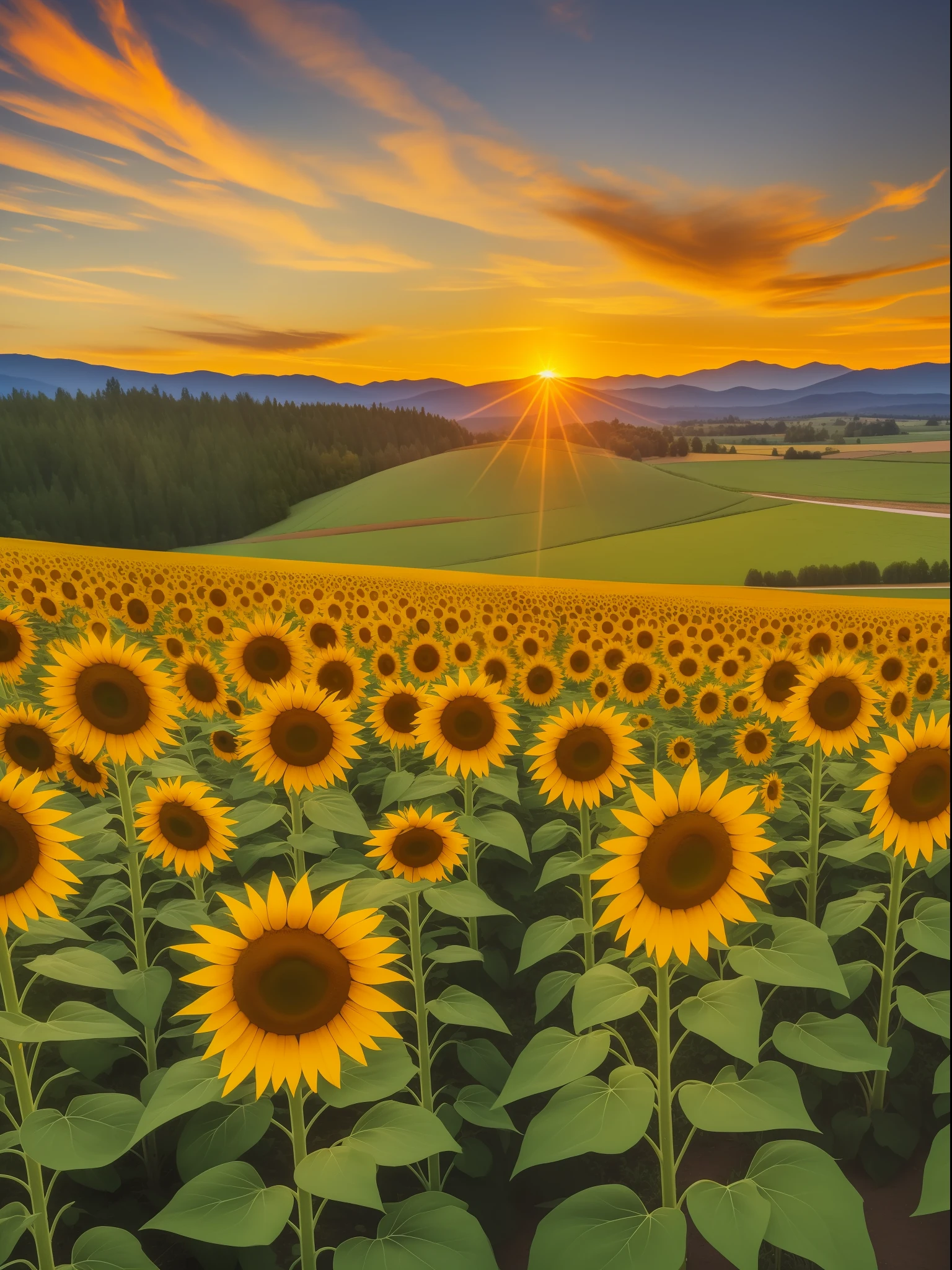 HDR Photo of a field of sunflowers, set in mountain valley, at sunset with orange and yellow glow, Realism, super detail, masterpiece, high details, 16k, photo taken on high end Nikon camera