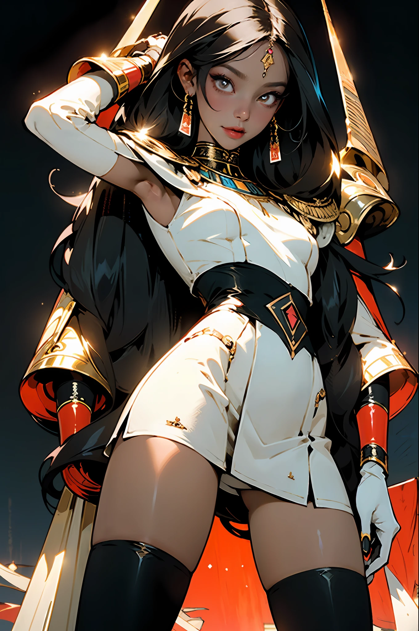 (striped veil covering the whole head), all white, slender body semi-covered by Egyptian technological clothing based on the sphinx, Neon Genesis Evangelion style, cyberpunk, lots of gold jewelry and rubies, action pose, facing the viewer, mischievous smile,((Best quality)), ((masterpiece)), (detailed: 1.4), (Absurd), (((super defined eyes))), Egyptian powerful woman ready for war, perfect body, dark skin tanned bright, cleoopatra, (((perfect ass))), shoulder pad of the Anubis, ((head adornment that falls in two straps over the shoulders and has the part hanging over the nape of the neck tied in braid, called nemes with that of the sphinx)), defined body, bare thighs, closed mouth, only panties, include hieroglyphics in clothing, generous neckline, ((perfect medium breasts)), (brown eyes without pupils), ((long black eyelashes)), ((heavy eye makeup)), ((black stroke coming out of the corner of the eyes)), ((clothing in red and black and white colors)), ((Egyptian designs on the arms)), Egypt, Tutankhamun mask, Pharaoh, Bastet, Anubis, short underwear, garter belt, by mucha, niji --V5, close to real, psychopathic, crazy face, sexy pose, inside a pyramid, 2 piece clothing, centered, scale to fit dimensions, HDR (High Dynamic Range),Ray Tracing,NVIDIA RTX,Super-Resolution,Unreal 5,Subsurface dispersion, PBR texture, Post-processing, Anisotropic filtering, Depth of field, Maximum clarity and sharpness, Multilayer textures, Albedo and specular maps, Surface shading, Accurate simulation of light-material interaction, Perfect proportions, Octane Render, Two-tone lighting, Wide aperture, Low ISO, White balance, Rule of thirds, 8K RAW, crysisnanosuit
