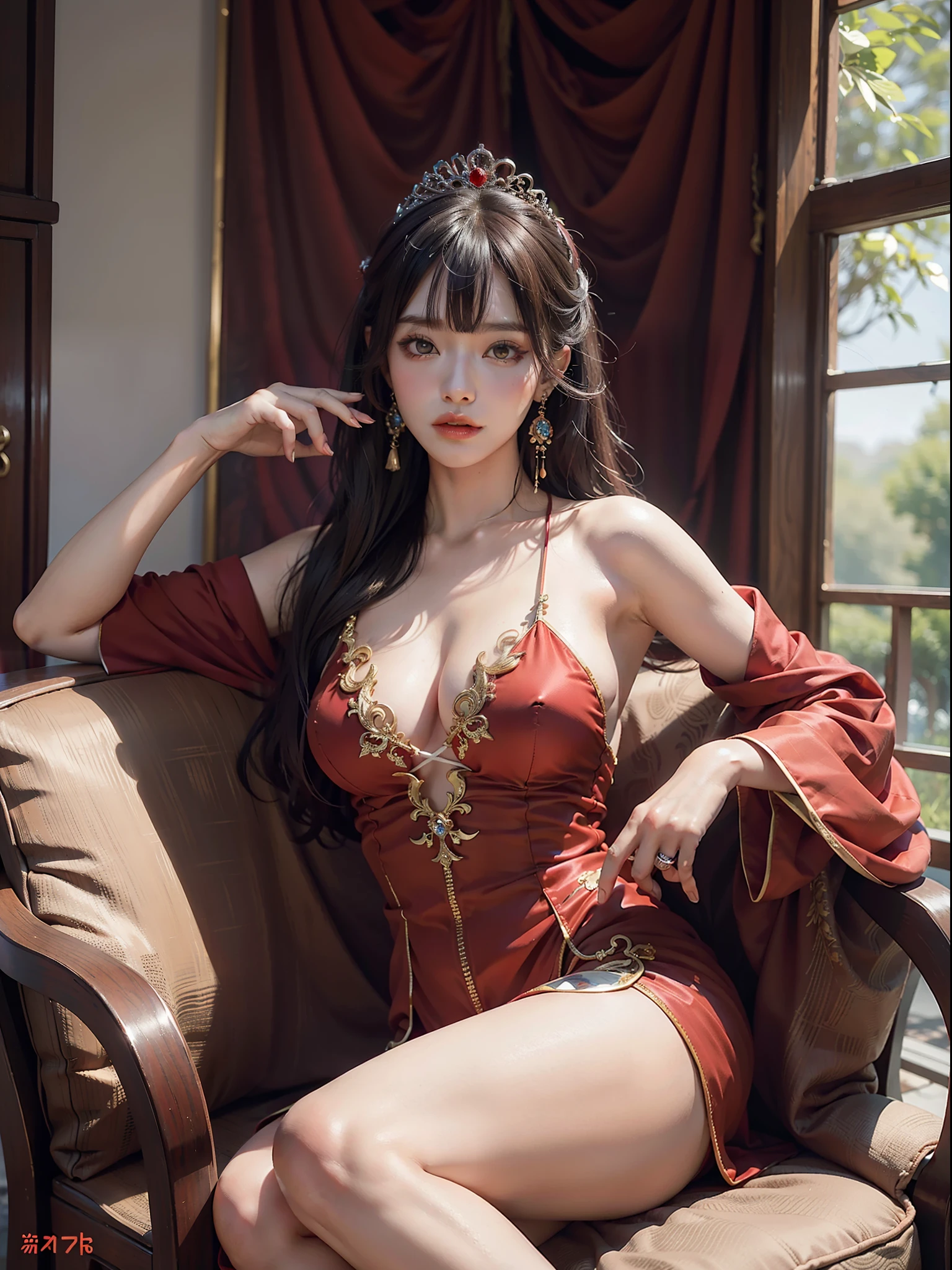 Arakfi woman in red dress sitting on chair, spread her legs, beautiful fantasy queen, Japanese goddess, beautiful and seductive anime woman, seductive anime girl, gorgeous Chinese model, elegant and charming cosplay, ((beautiful fantasy queen)), full body wearing translucent red robe, popular on cgstation, sexy dress, cute queen, sexy pose, beautiful elegant demon queen, (Qi bangs), (ring finger diamond ring), masterpiece, realistic