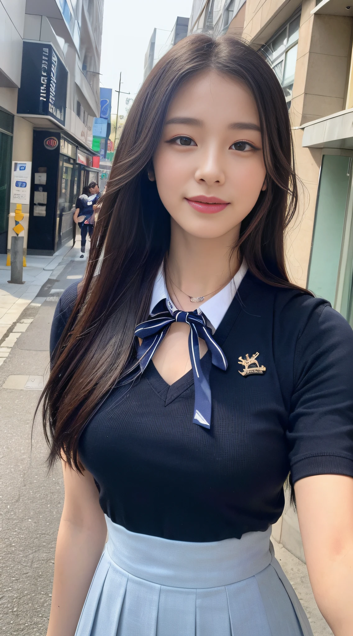 ((Best quality, 8k, Masterpiece :1.3)), 1girl, beautiful woman with emphasis on slender abs: 1.3, (long hair, big breasts: 1.2), oversized tank top:1.2, ultra-delicate face, delicate eyes, double eyelids, smile, home, (short sleeves JK_shirt), JK_style, (navy JK_skirt), (bow JK_tie), mix4, Detailed eye on city streets