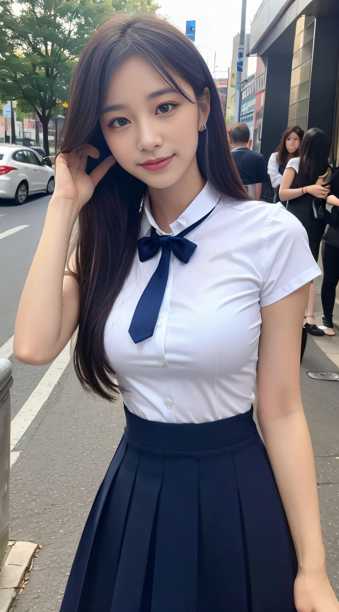 ((Best quality, 8k, Masterpiece :1.3)), 1girl, beautiful woman with emphasis on slender abs: 1.3, (long hair, big breasts: 1.2), oversized tank top:1.2, ultra-delicate face, delicate eyes, double eyelids, smile, home, (short sleeves JK_shirt), JK_style, (navy JK_skirt), (bow JK_tie), mix4, Detailed eye on city streets