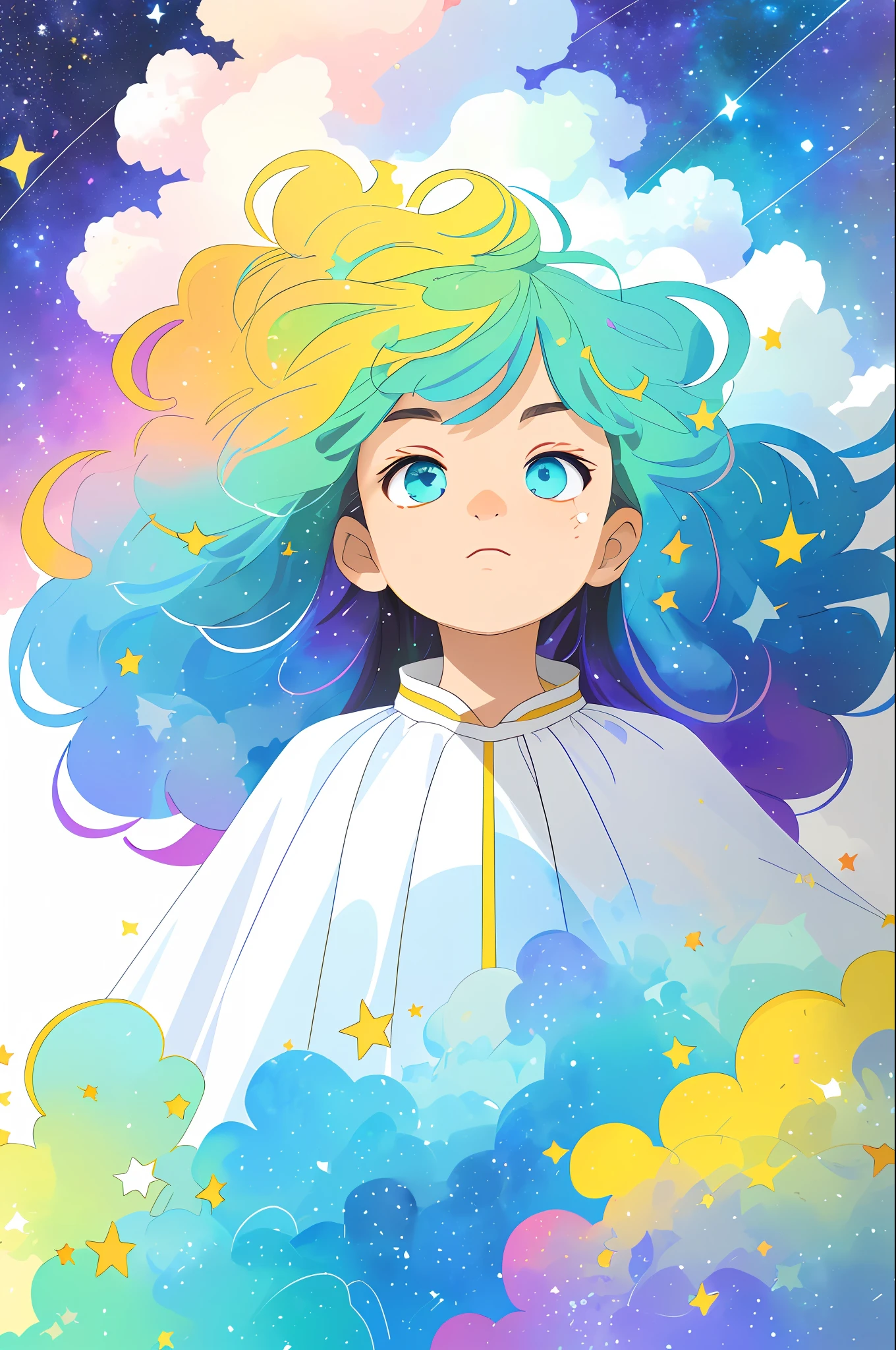 ((masterpiece)), (((best quality))), ((ultra-detailed)), ((illustration)),[realism light effect],shadow,(Fantasy style),(white background:1.6), simple background, (earth theme),(a cloak)[(hair focus,((1girl)),[(big slime hair): (cloud hair):0.3], (hair on background),(high saturation),(hair surrounded by galaxy splashes),)):((her hair is becoming galaxy clouds,:1.27628), (hair and clothes is galaxy clouds and cluster of stars:1.1025),(a cloak is becoming galaxy clouds)(colorful_galaxy_print_clusters_of_stars_print:1.35),((detailed starry sky with colorful galaxy and galaxy clouds):1.2)):0.35], (((masterpiece))),(((best quality))),((ultra-detailed)),(illustration),(dynamic angle),((floating)),(paint),((disheveled hair)),((beautiful detailed face)),collar,bare shoulders, ((colorful hair)),((streaked hair)),beautiful detailed eyes,(Gradient color eyes),(((colorful eyes))),(((colorful background))),(((high saturation))),(((surrounded by colorful splashes))),(((surrounded by colorful dot))),colorful bubble,((shining)),