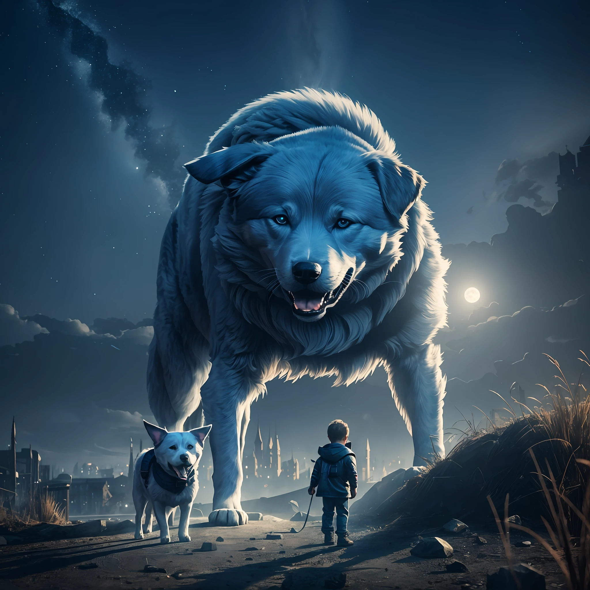 Boy with a spectral dog, super realistic, 8K, spectral city in moonlight --auto --s2