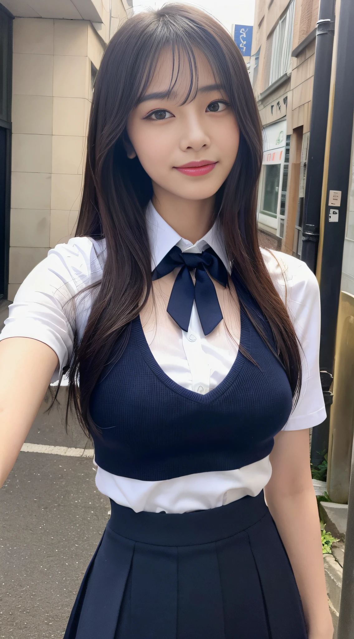((Best quality, 8k, Masterpiece :1.3)), 1girl, beautiful woman with emphasis on slender abs: 1.3, (long hair, big breasts: 1.2), oversized tank top:1.2, ultra-delicate face, delicate eyes, double eyelids, smile, home, (short sleeves JK_shirt), JK_style, (navy JK_skirt), (bow JK_tie), mix4, Detailed eye on city streets