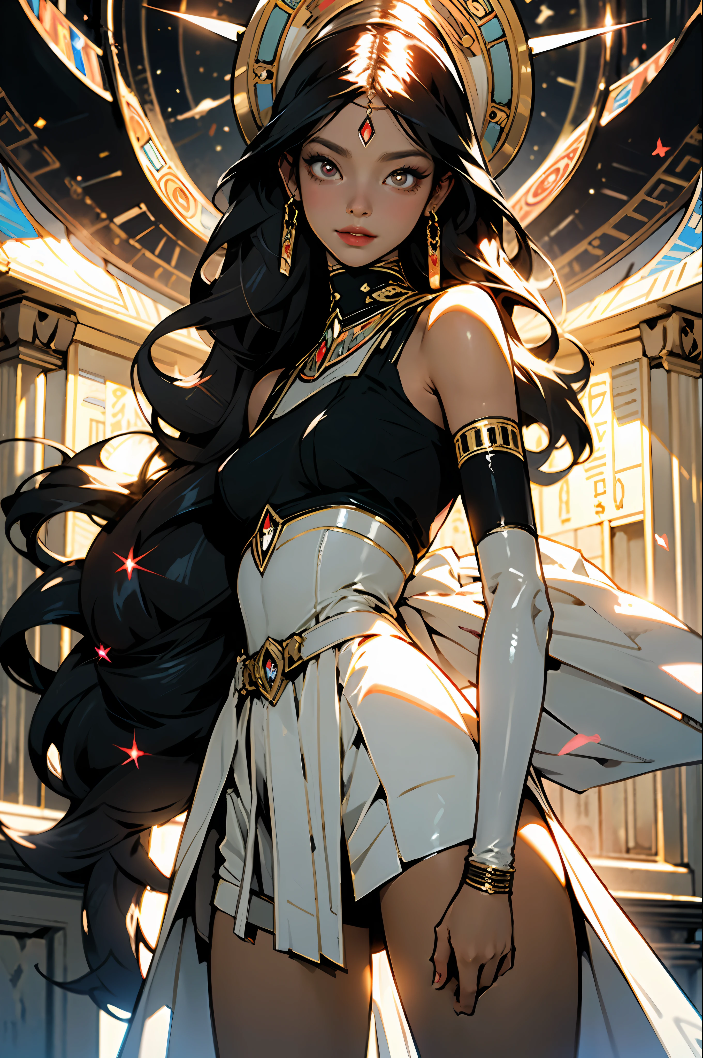 (striped veil covering the whole head), all white, slender body semi-covered by Egyptian technological clothing based on the sphinx, Neon Genesis Evangelion style, cyberpunk, lots of gold jewelry and rubies, action pose, facing the viewer, mischievous smile,((Best quality)), ((masterpiece)), (detailed: 1.4), (Absurd), (((super defined eyes))), Egyptian powerful woman ready for war,  perfect body, dark skin tanned bright, cleoopatra, (((perfect ass))), shoulder pad of the Anubis, ((head adornment that falls in two straps over the shoulders and has the part hanging over the nape of the neck tied in braid, called nemes with that of the sphinx)), defined body, bare thighs, closed mouth, only panties, include hieroglyphics in clothing, generous neckline, ((perfect medium breasts)),  (brown eyes without pupils), ((long black eyelashes)), ((heavy eye makeup)), ((black stroke coming out of the corner of the eyes)), ((clothing in red and black and white colors)), ((Egyptian designs on the arms)), Egypt, Tutankhamun mask, Pharaoh, Bastet, Anubis, short underwear, garter belt, by mucha, niji --V5, close to real, psychopathic, crazy face, sexy pose, inside a pyramid,  2 piece clothing, centered, scale to fit dimensions, HDR (High Dynamic Range),Ray Tracing,NVIDIA RTX,Super-Resolution,Unreal 5,Subsurface dispersion, PBR texture, Post-processing, Anisotropic filtering, Depth of field, Maximum clarity and sharpness, Multilayer textures, Albedo and specular maps, Surface shading, Accurate simulation of light-material interaction, Perfect proportions, Octane Render, Two-tone lighting,  Wide aperture, Low ISO, White balance, Rule of thirds, 8K RAW, crysisnanosuit