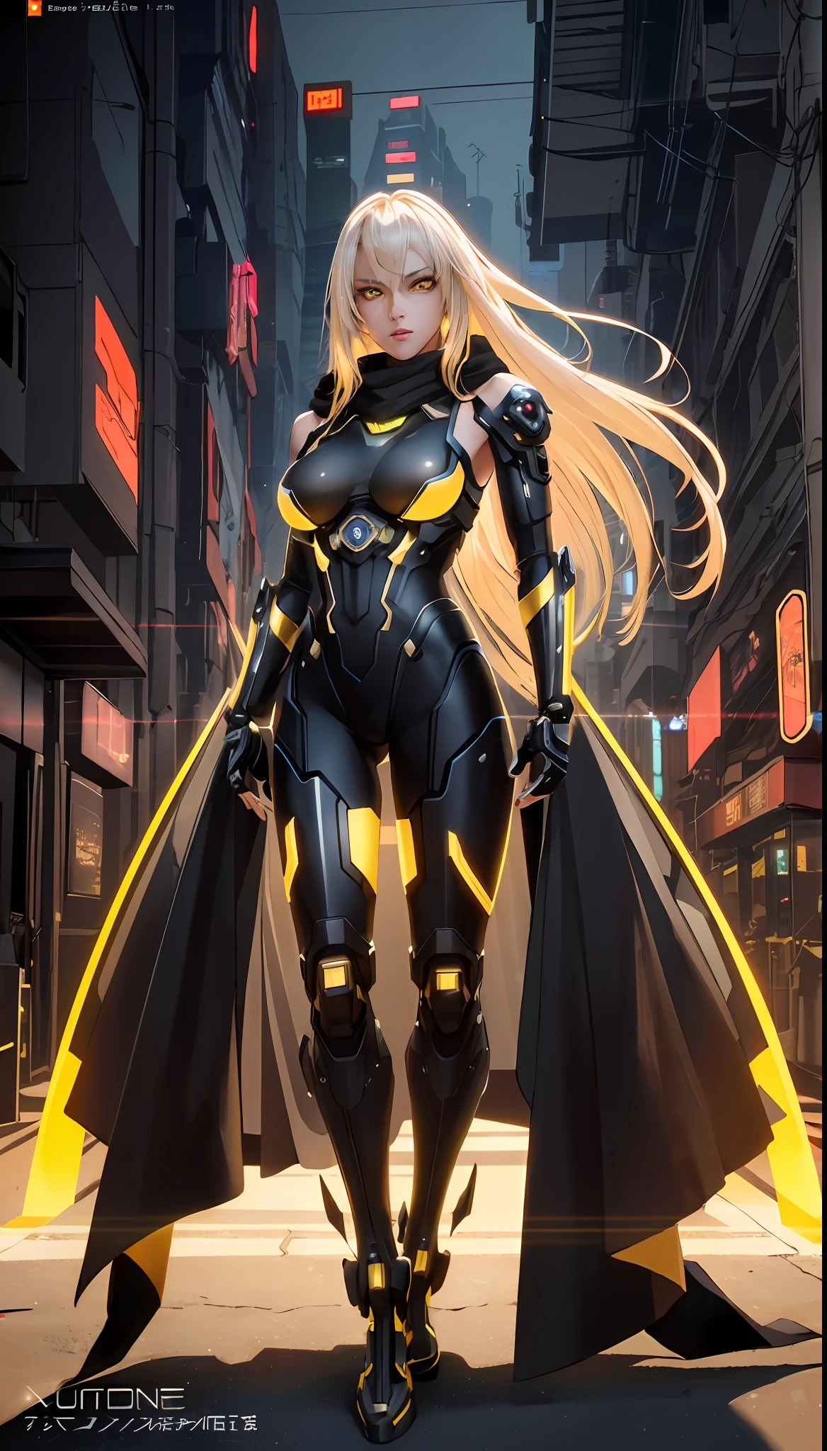 full body, portrait, dynamic camera, dynamic poses, masterpiece, (((cyberpunk))), futuristic, concept art, (ultra realistic:1.5), octane render, global illumination, shadows, octane render, 8k, ultra sharp,metal,intricate,highly intricate details, realistic light, trending on cgsociety, 
glowing eyes, facing camera,  1 girl, female assassin with ((long flowing platinum blonde hair)), extremely beautiful, (((perfect face))),  (((extremely detailed face))), ((yellow eyes:1.2)), (glowing eyes:0.2), highly detailed eyes, (((perfect hands))), (36DD breasts), 8k, (masterpiece 1.4), HDR,, vibrant colours, (light rays), shadows,, concept art, highest quality, highly detailed, realistic, photo realistic,((hyper realistic:1.1)), (all black cyberpunk samurai armor), long flowing scarf, extensive neon lighting, holding cyber glowing katana blade, highly detailed sword,  electricity (extremely detailed mechanical armour), cybernetic implants, (((extremely detailed cybernetic arms and legs))), various cybernetic lights, intense neon lighting on arms, intricate gauntlet mechanical detail, extremely detailed background, neo tokyo,
art by Sail Lin,,, 1 girl, female assassin with ((long flowing platinum blonde hair)), extremely beautiful, (((perfect face))),  (((extremely detailed face))), ((yellow eyes:1.2)), (glowing eyes:0.2), highly detailed eyes, (((perfect hands))), (36DD breasts), 8k, (masterpiece 1.4), HDR,, vibrant colours, (light rays), shadows,, concept art, highest quality, highly detailed, realistic, photo realistic,((hyper realistic:1.1)),