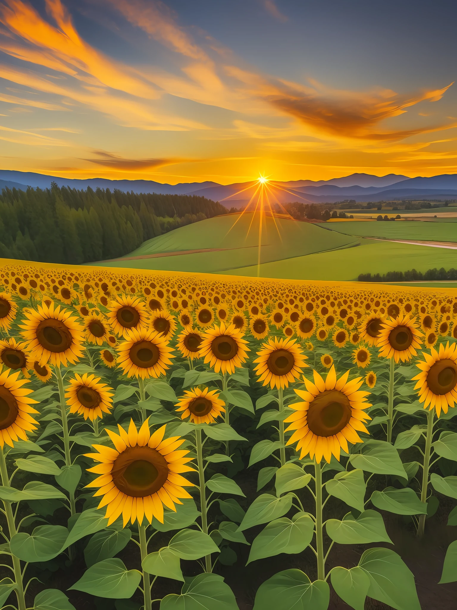 arafed sunflowers in a field with a sunset in the background, scene : sunflower field, scene: sunflower field, sunflower field, field of sunflowers, sunflowers, colors: yellow sunflowers, colors : yellow sunflowers, sunflower background, rays of sunshine, summer setting, shutterstock, crystallic sunflowers, summer sunset, sunflowers in the background, summer morning, floral sunset