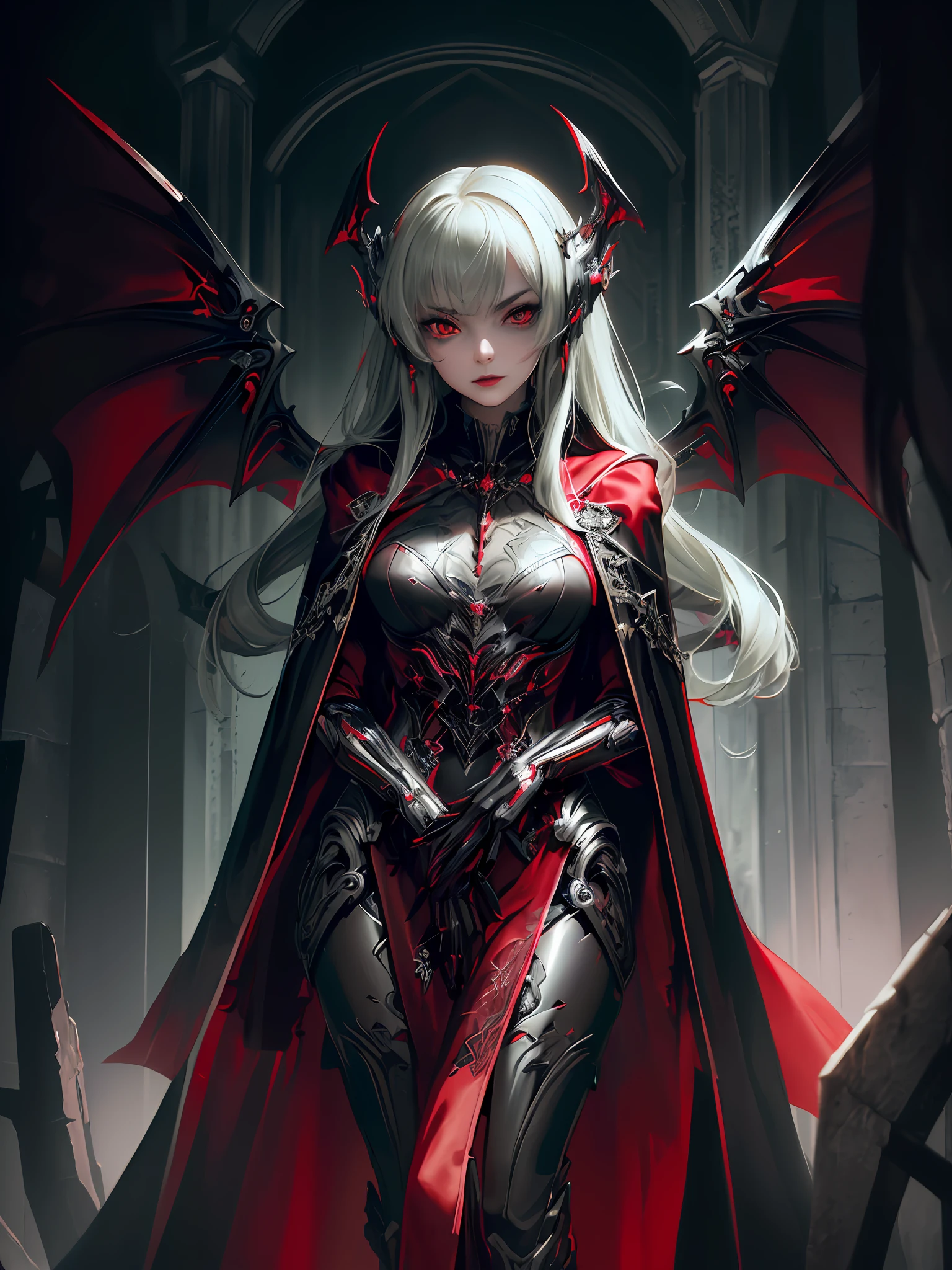 (photorealistic:1.3),(hyperrealistic:1.3), masterpiece, highly detailed, best quality, (beautiful and clear background:1.2), detailed background, beautiful (female:1.4) vamptech cyborg robot wearing (black red robe:1.4) (black red cape:1.2), Seraphim wings, vampiric gothic horror, fcPortrait,  illustration, cinematic lighting,